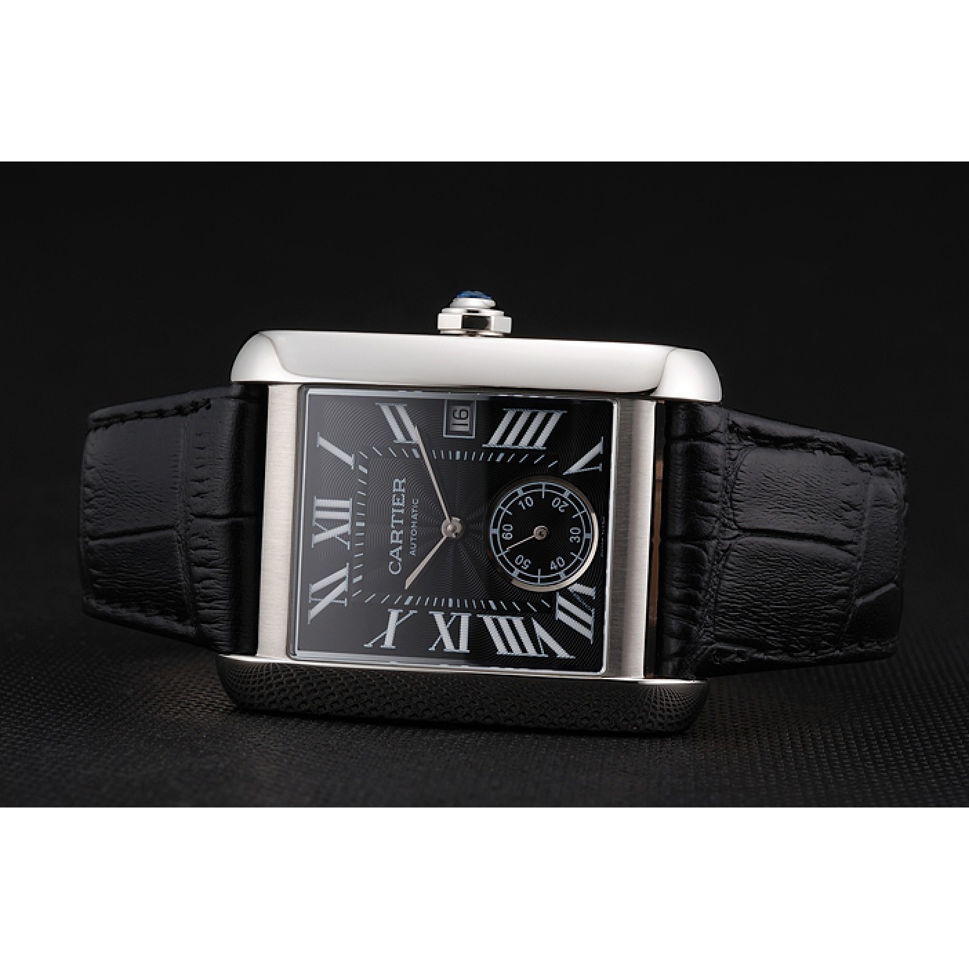MiroTime Swiss Cartier Tank MC Black Dial Stainless Steel Case Black Leather Strap