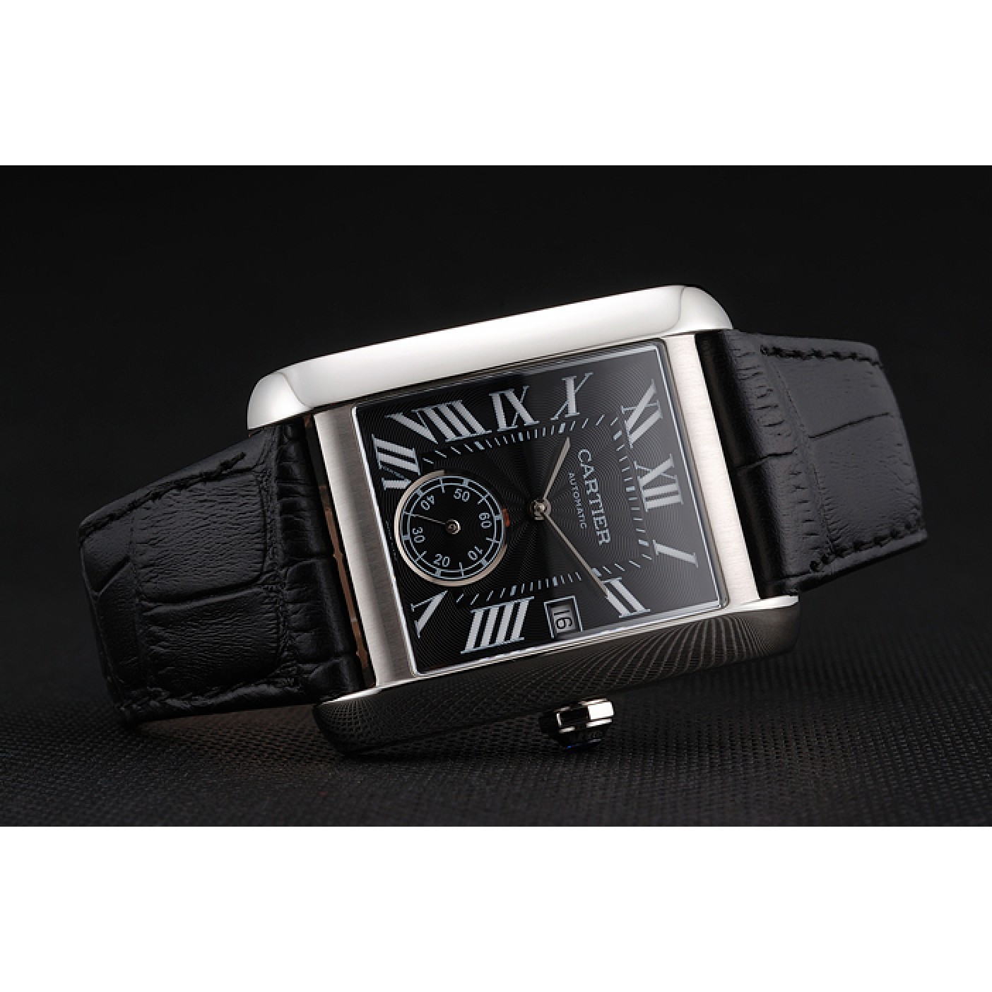 MiroTime Swiss Cartier Tank MC Black Dial Stainless Steel Case Black Leather Strap
