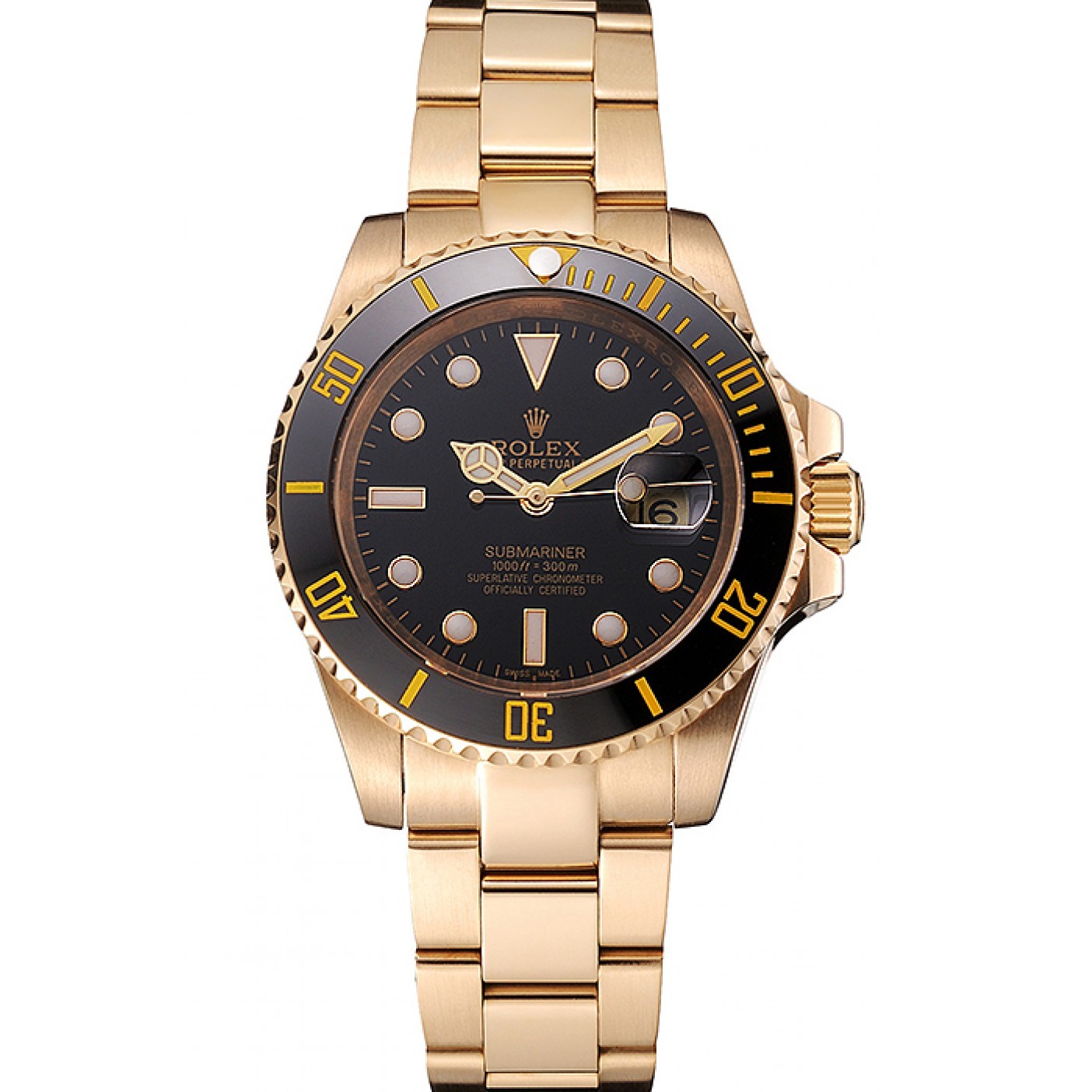 MiroTime Swiss Rolex Submariner Black Dial Black Bezel Yellow Gold Case And Bracelet