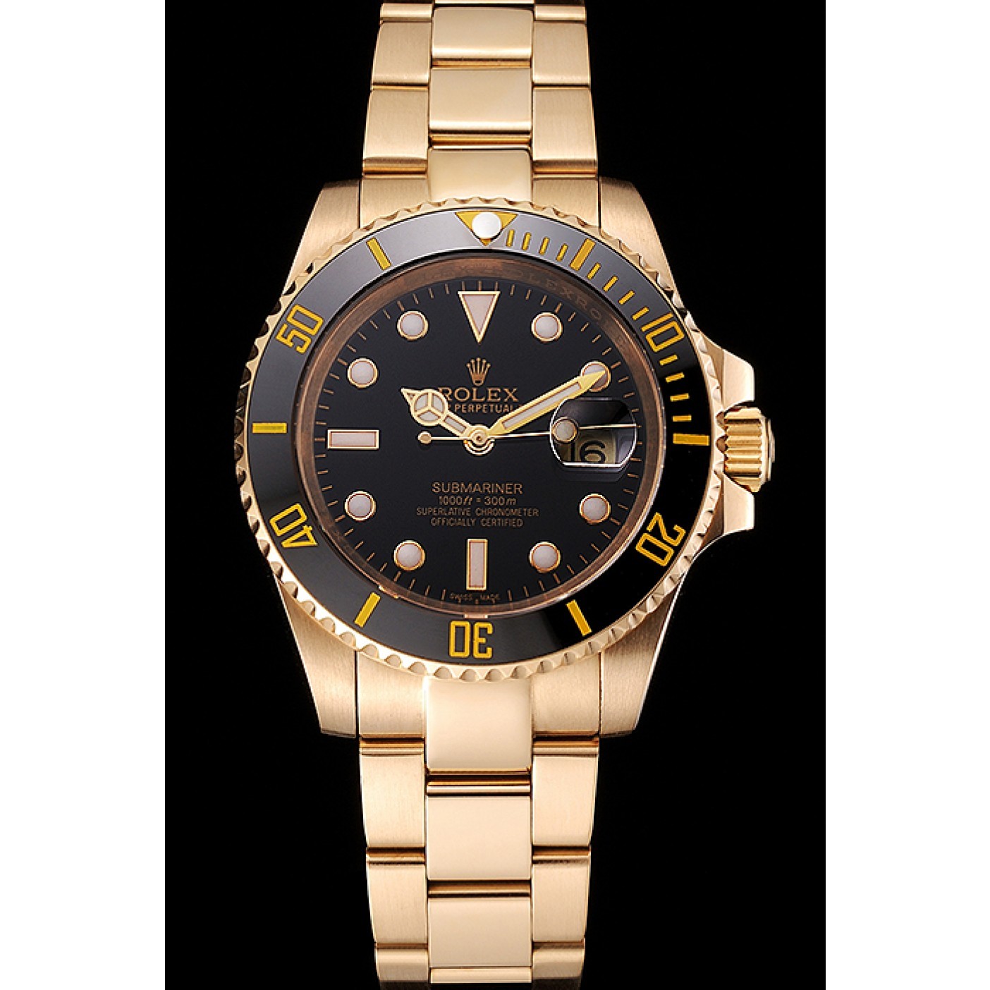 MiroTime Swiss Rolex Submariner Black Dial Black Bezel Yellow Gold Case And Bracelet