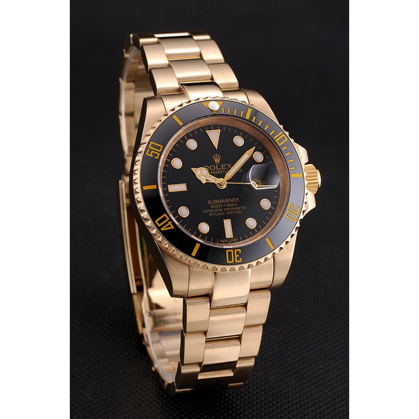 MiroTime Swiss Rolex Submariner Black Dial Black Bezel Yellow Gold Case And Bracelet