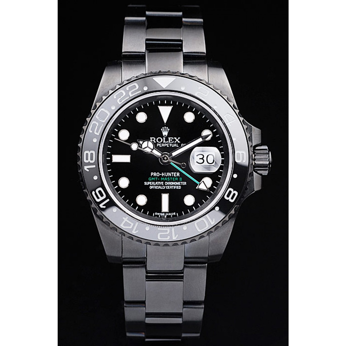 MiroTime Rolex Swiss GMT Master II Pro-Hunter Black Steel Strap Black Dial