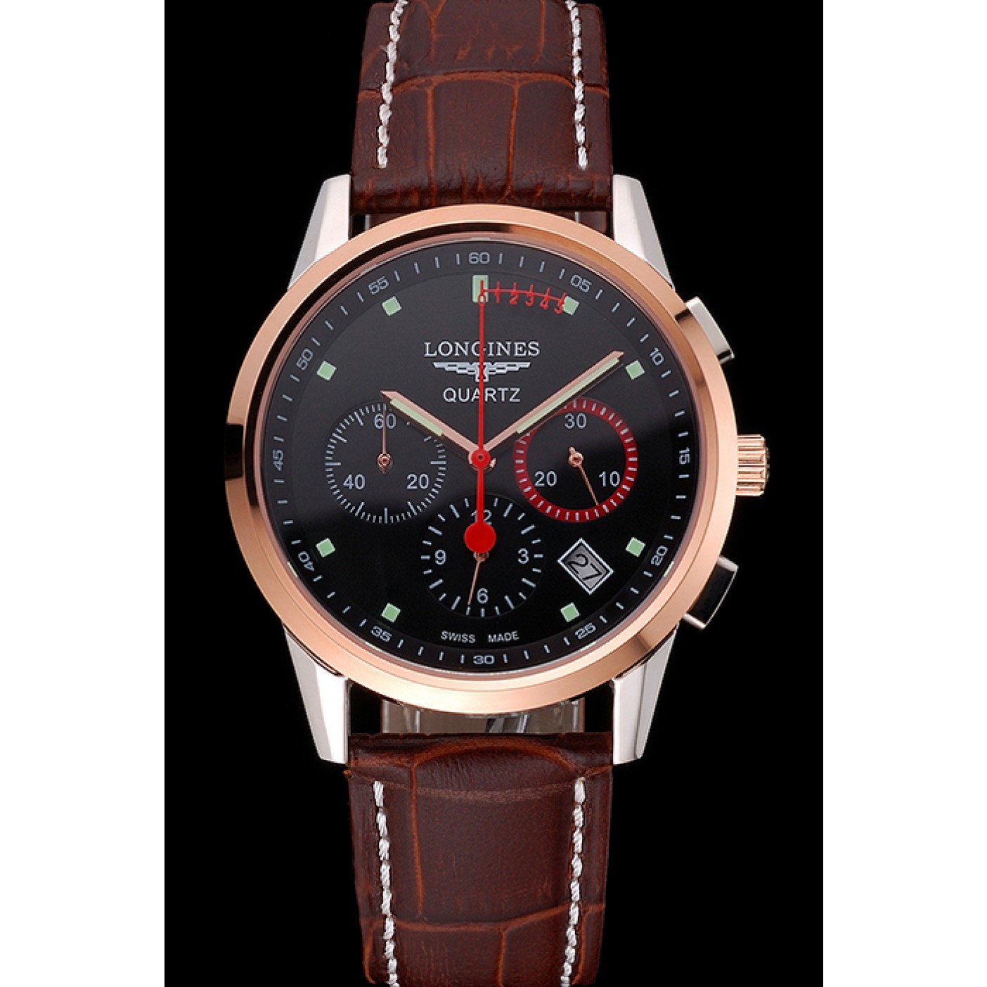 MiroTime Longines Column Wheel Black Dial Two Tone Case Brown Leather Strap