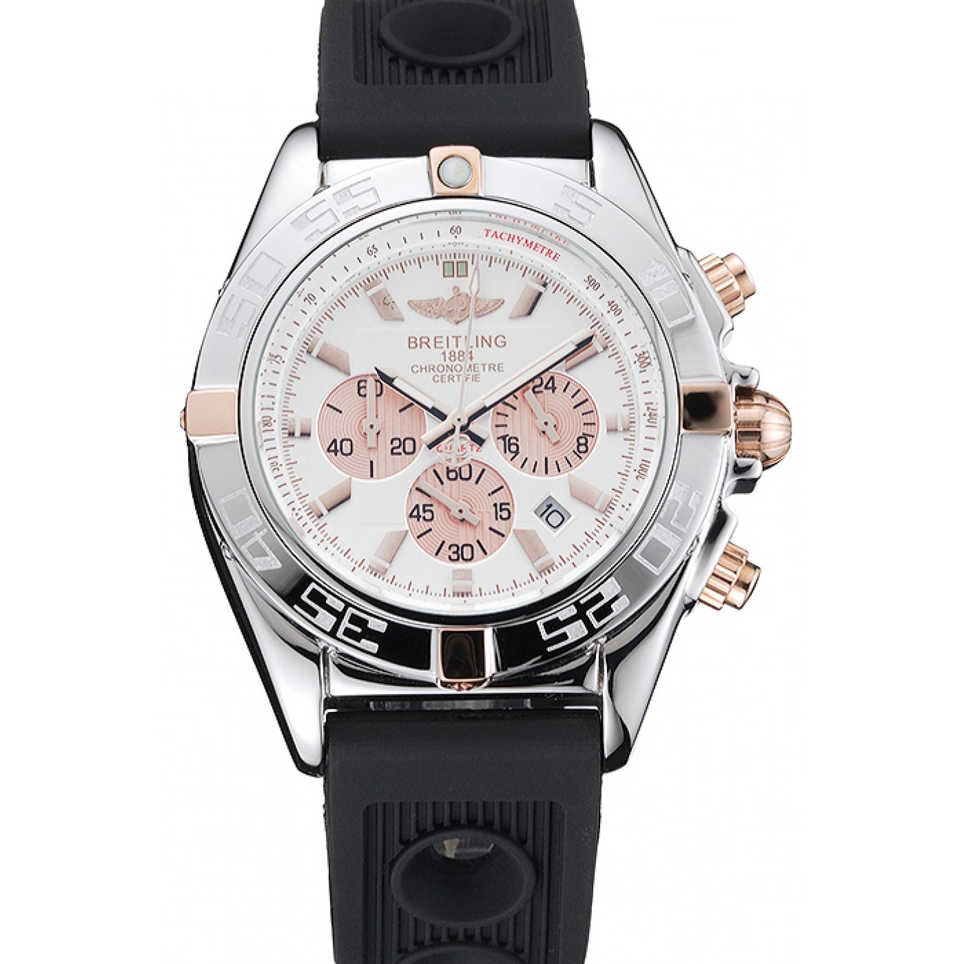 MiroTime Breitling Chronomat Rose-Gold Highlight Ribbed Black Rubber Strap White Dial