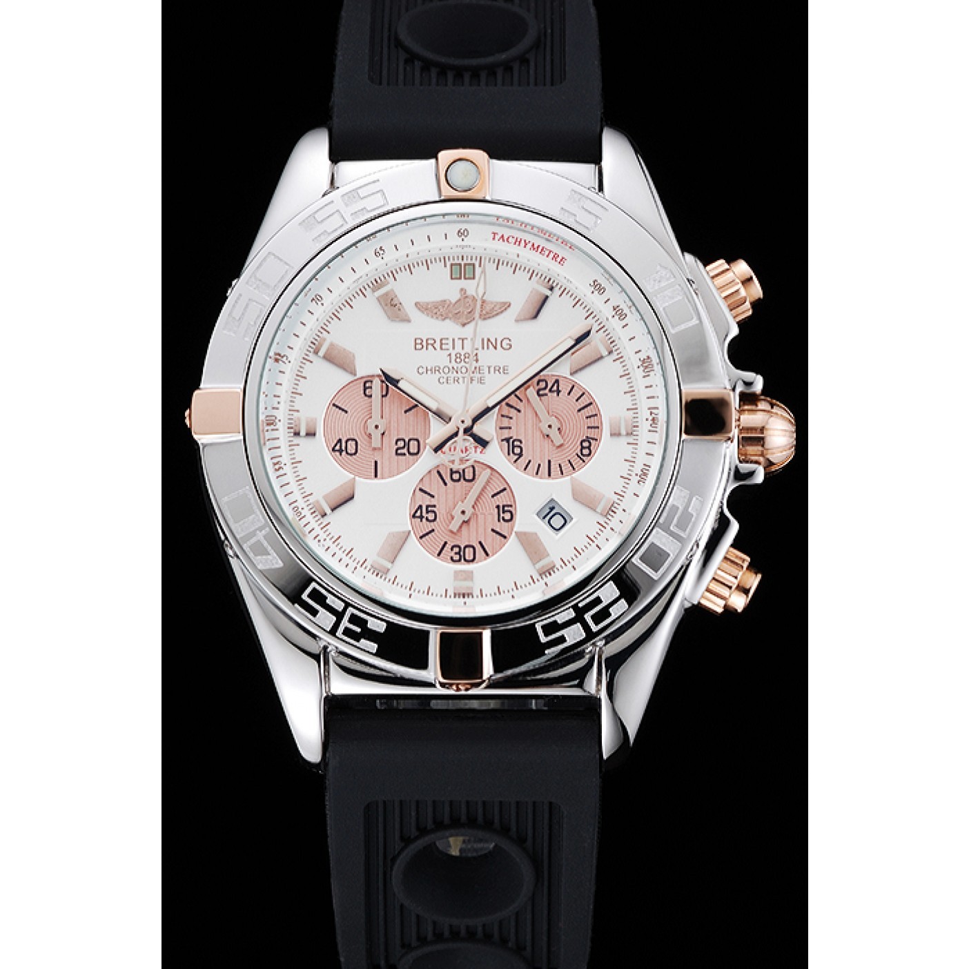 MiroTime Breitling Chronomat Rose-Gold Highlight Ribbed Black Rubber Strap White Dial