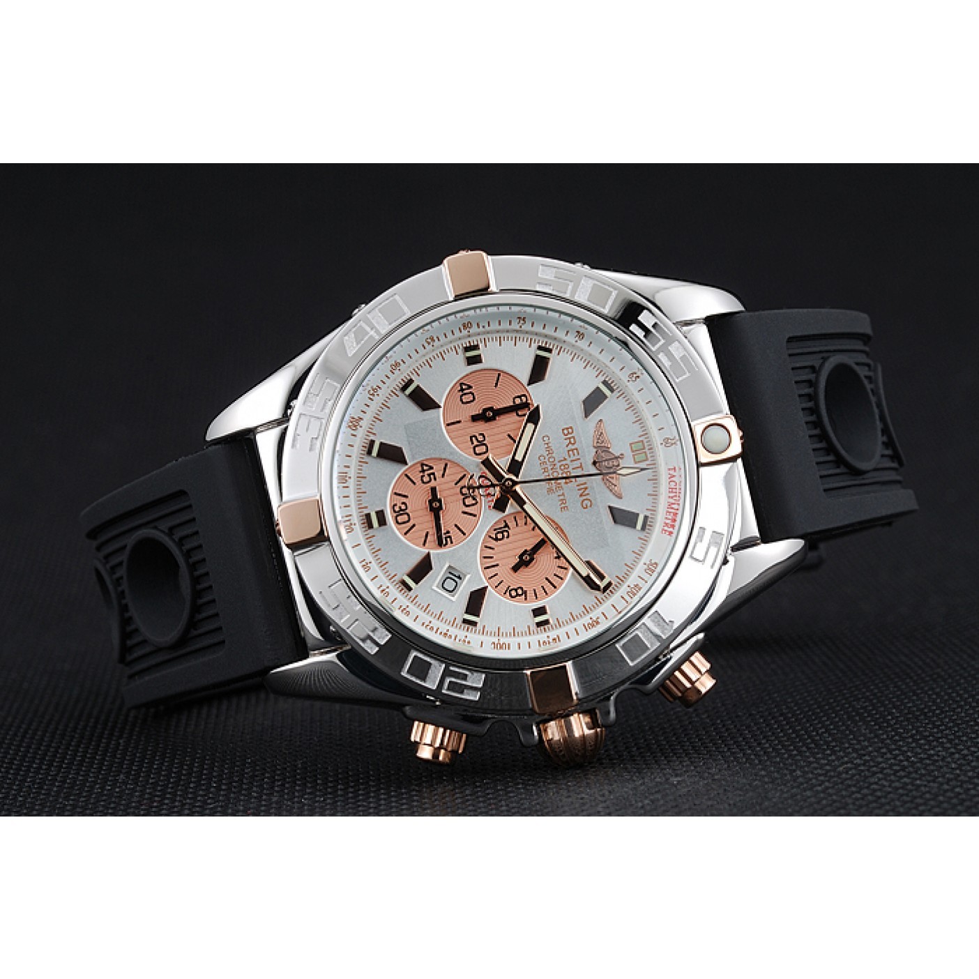 MiroTime Breitling Chronomat Rose-Gold Highlight Ribbed Black Rubber Strap White Dial