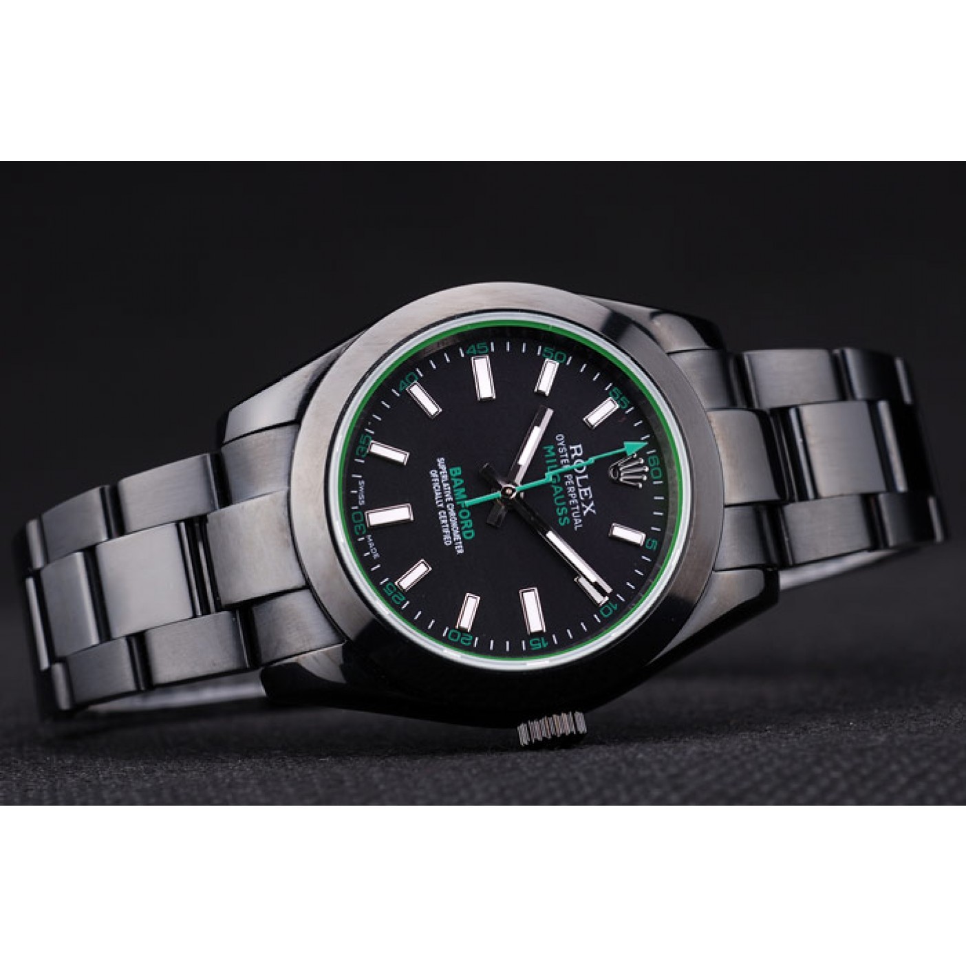 MiroTime Rolex Milgaus Bamford Ion Plated Stainless Steel Bezel Black Dial 7476
