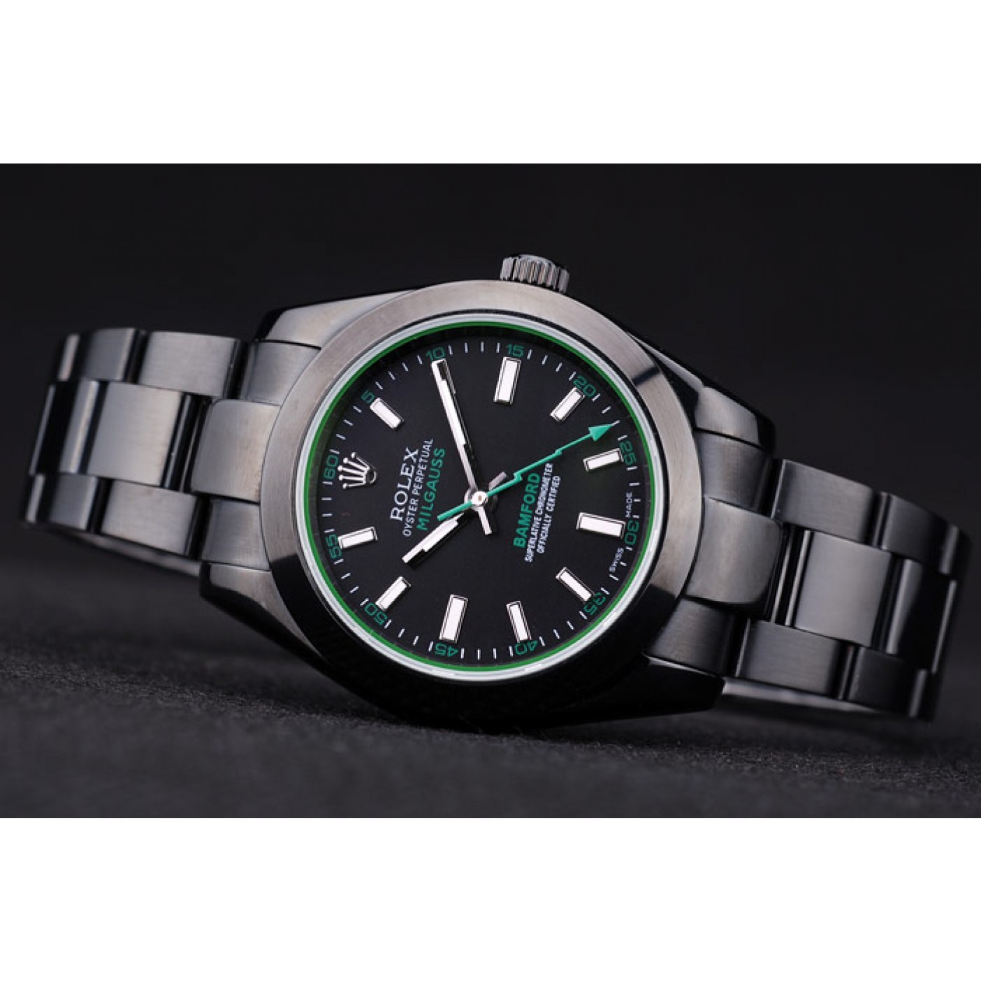 MiroTime Rolex Milgaus Bamford Ion Plated Stainless Steel Bezel Black Dial 7476