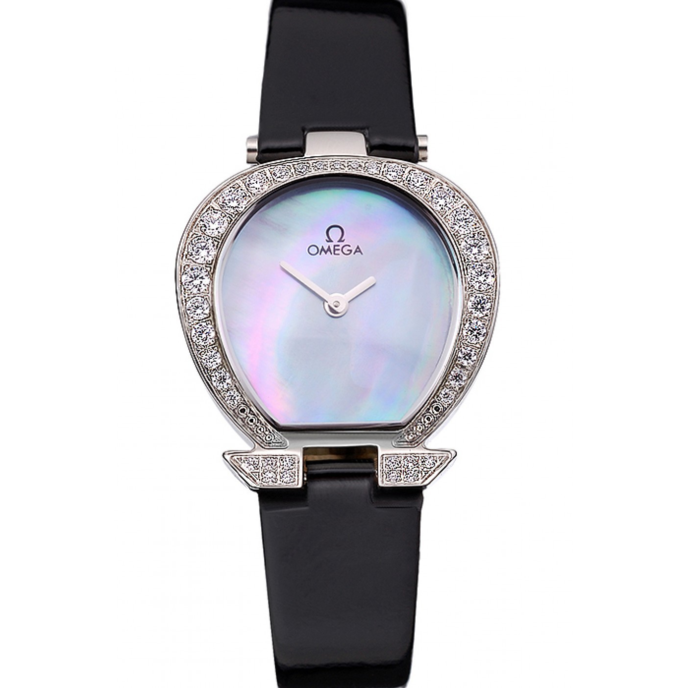 MiroTime Omega Ladies Watch Pearl Dial Stainless Steel Case With Diamonds Black Leather Strap 622828