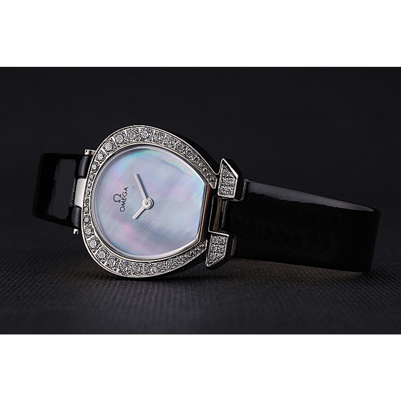 MiroTime Omega Ladies Watch Pearl Dial Stainless Steel Case With Diamonds Black Leather Strap 622828