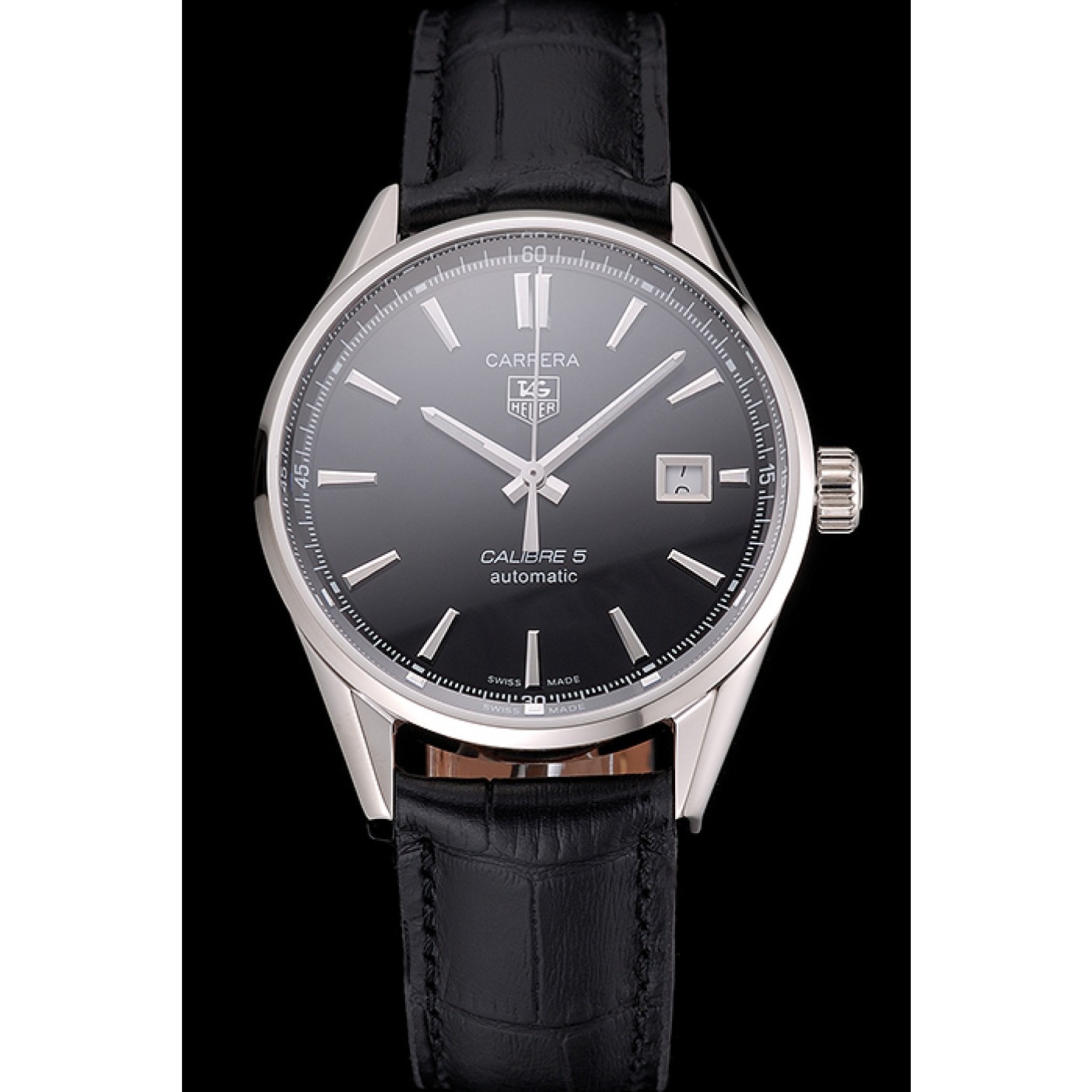 MiroTime Swiss Tag Heuer Carrera Calibre 5 Black Dial Stainless Steel Case Black Leather Strap