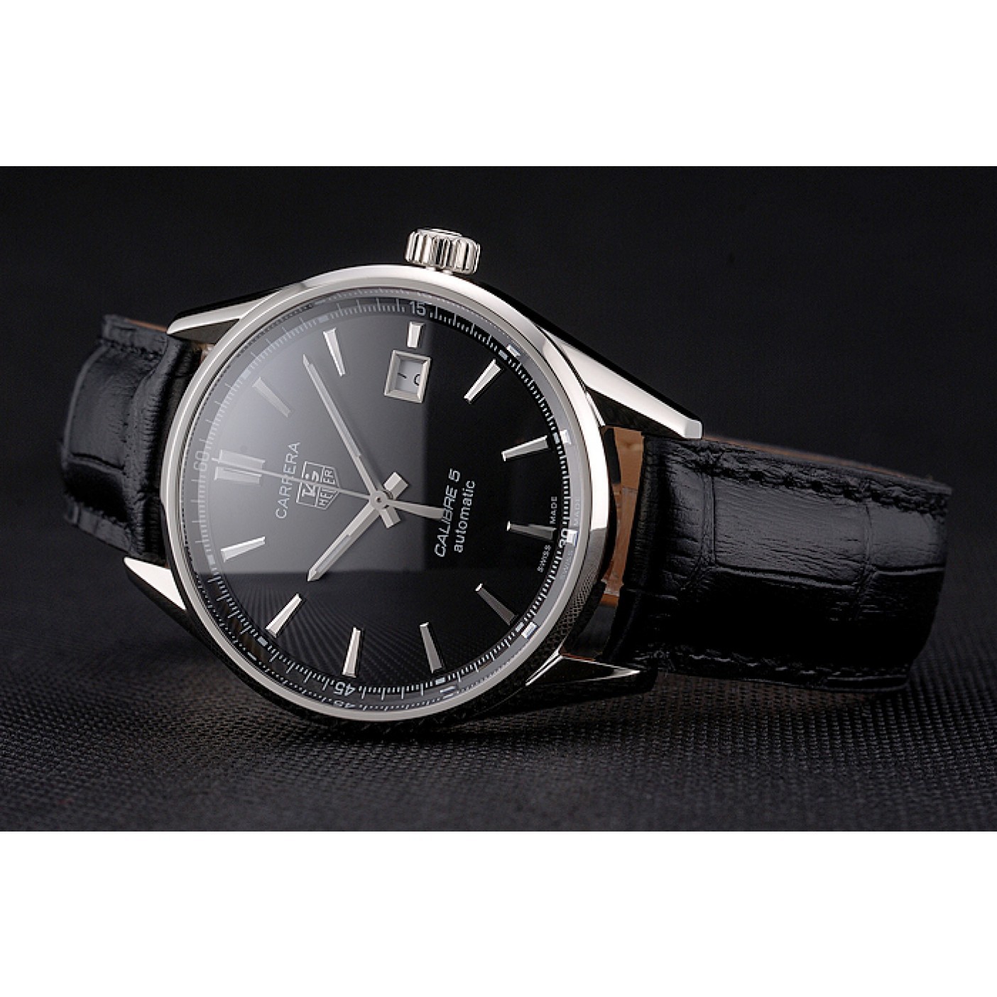 MiroTime Swiss Tag Heuer Carrera Calibre 5 Black Dial Stainless Steel Case Black Leather Strap