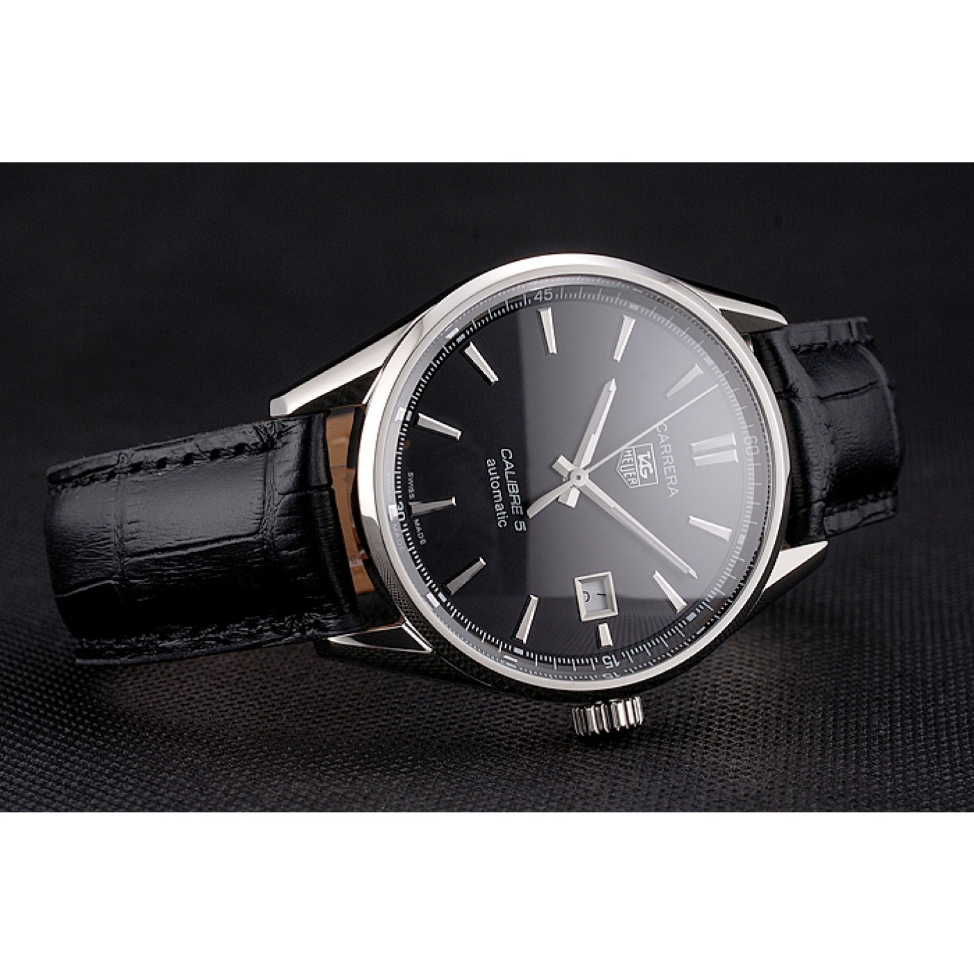 MiroTime Swiss Tag Heuer Carrera Calibre 5 Black Dial Stainless Steel Case Black Leather Strap