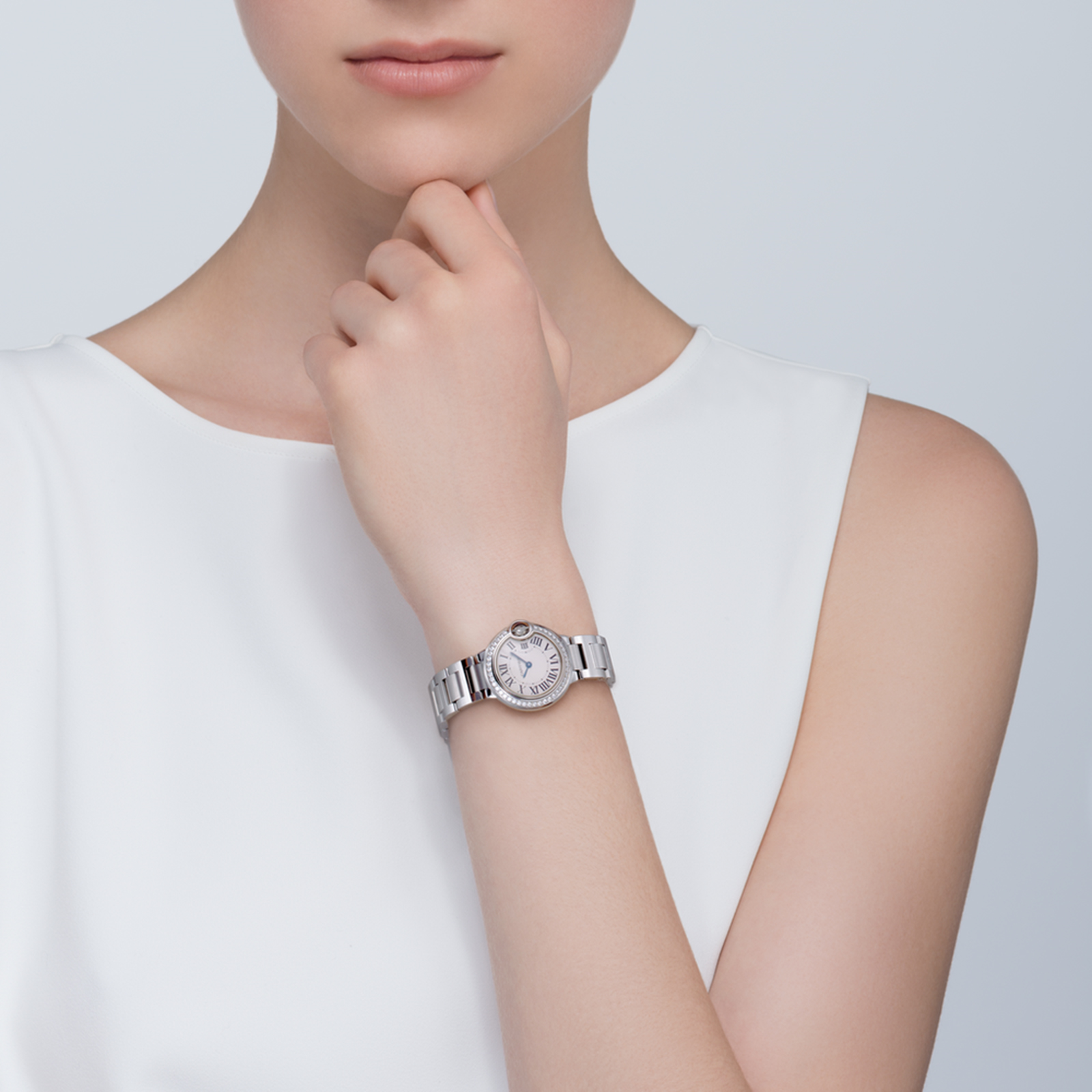 MiroTime Swiss Ballon Bleu de Cartier watch, 28 mm, steel, diamonds