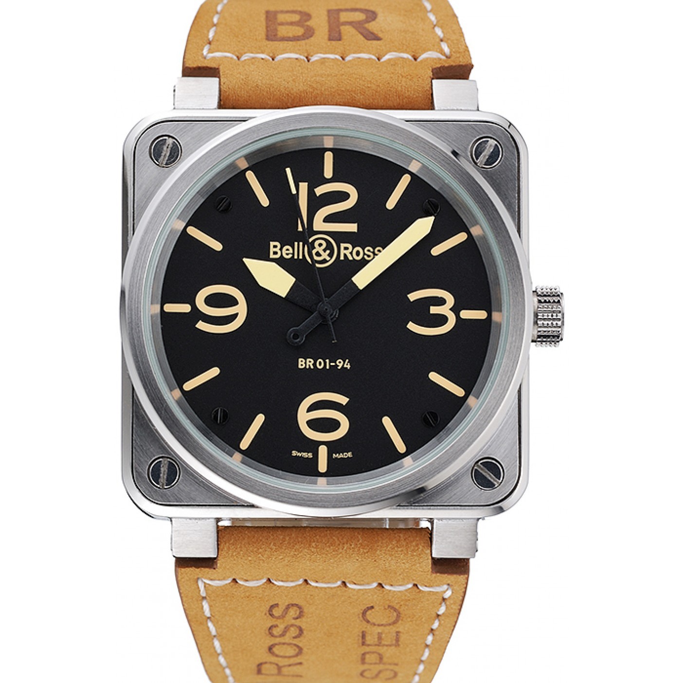 MiroTime Bell and Ross BR 01-92 Black Dial Silver Case Gold Numerals Brown Leather Strap