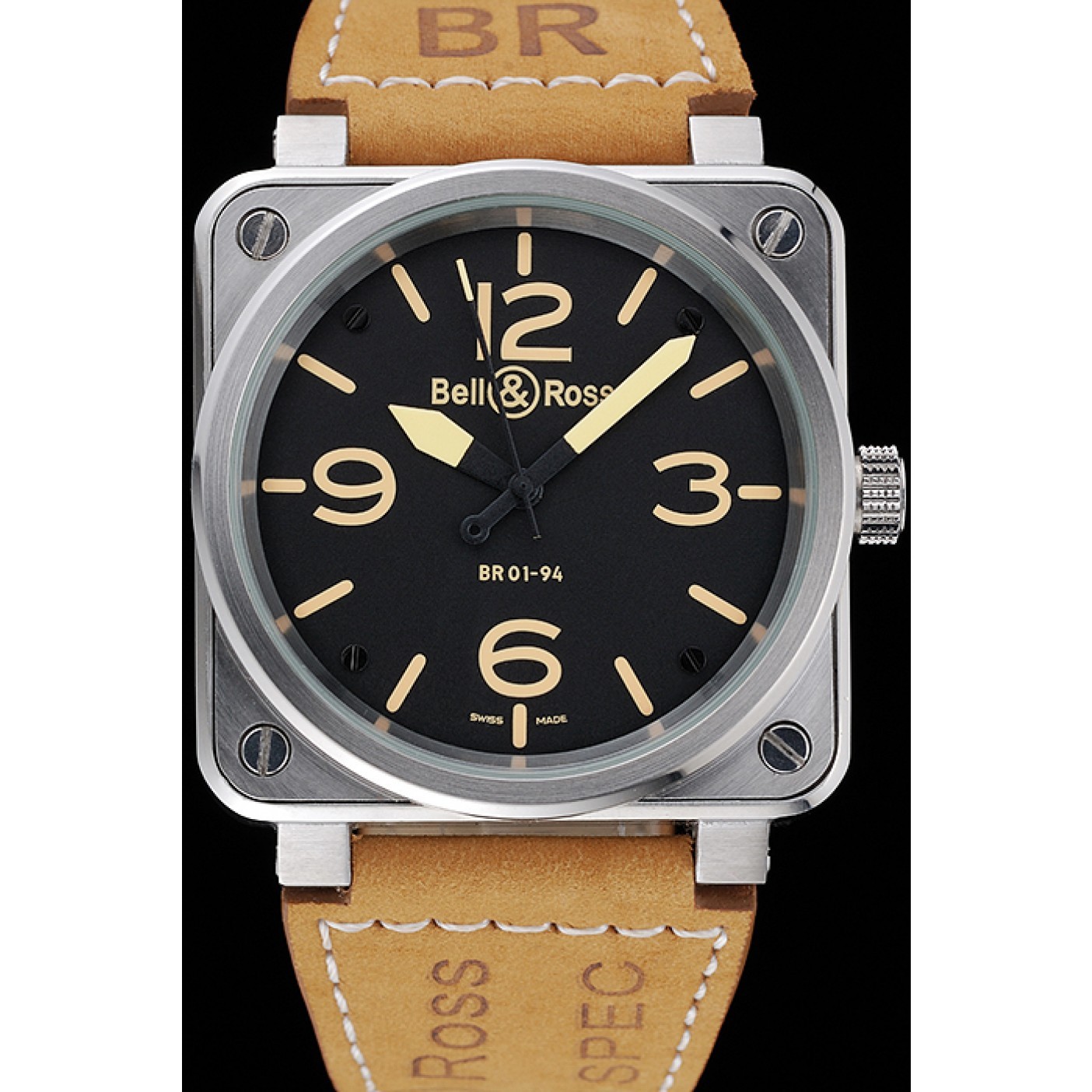 MiroTime Bell and Ross BR 01-92 Black Dial Silver Case Gold Numerals Brown Leather Strap