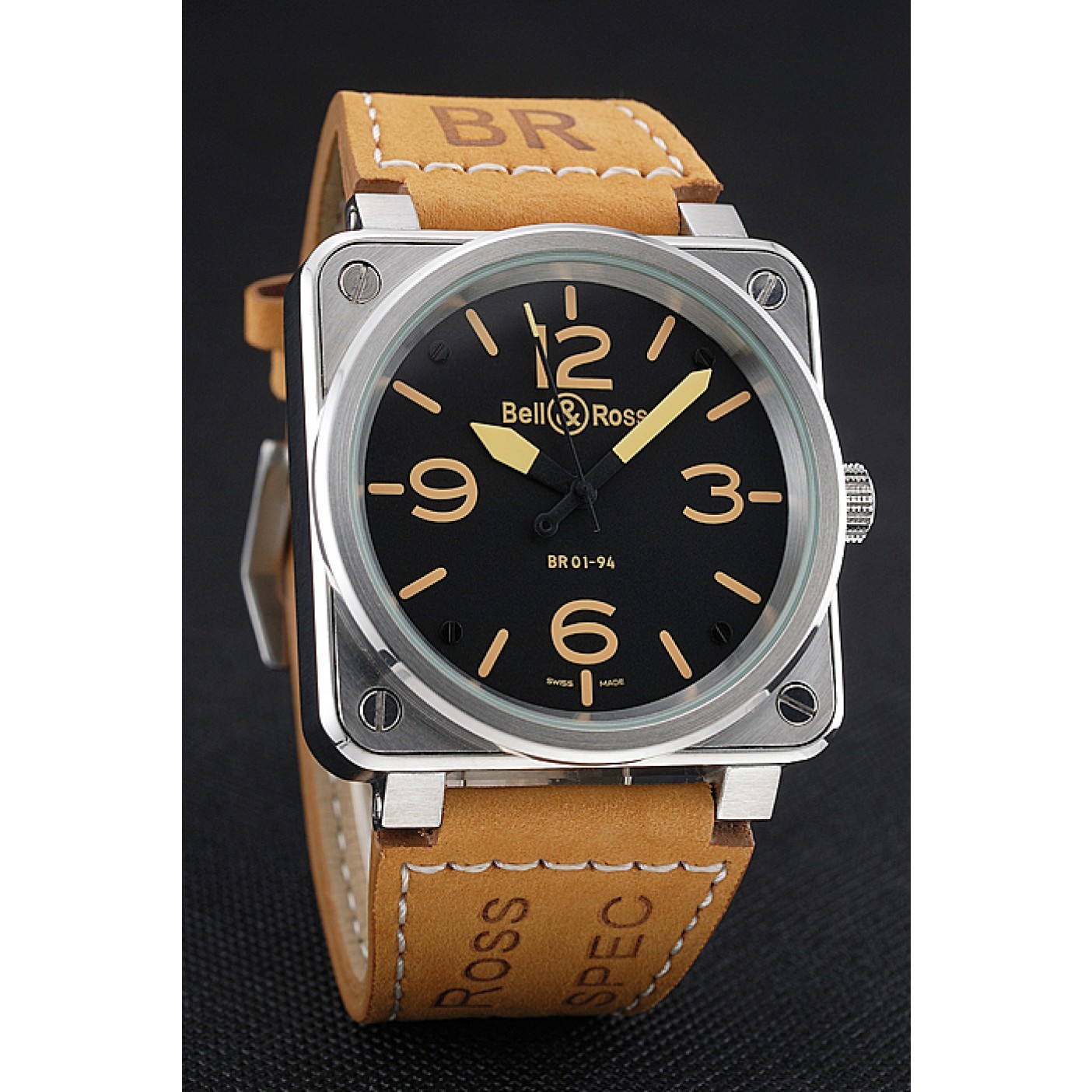 MiroTime Bell and Ross BR 01-92 Black Dial Silver Case Gold Numerals Brown Leather Strap