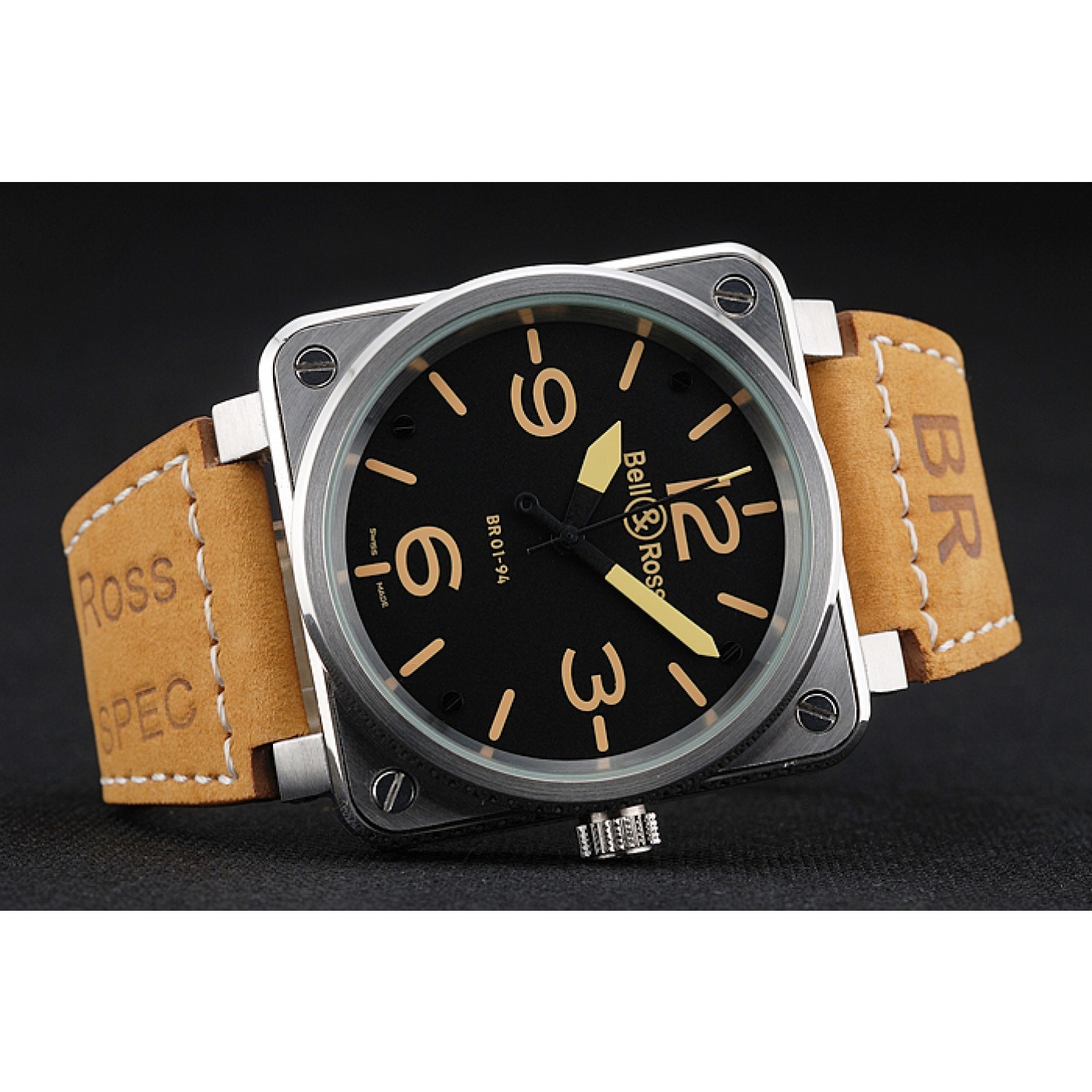 MiroTime Bell and Ross BR 01-92 Black Dial Silver Case Gold Numerals Brown Leather Strap