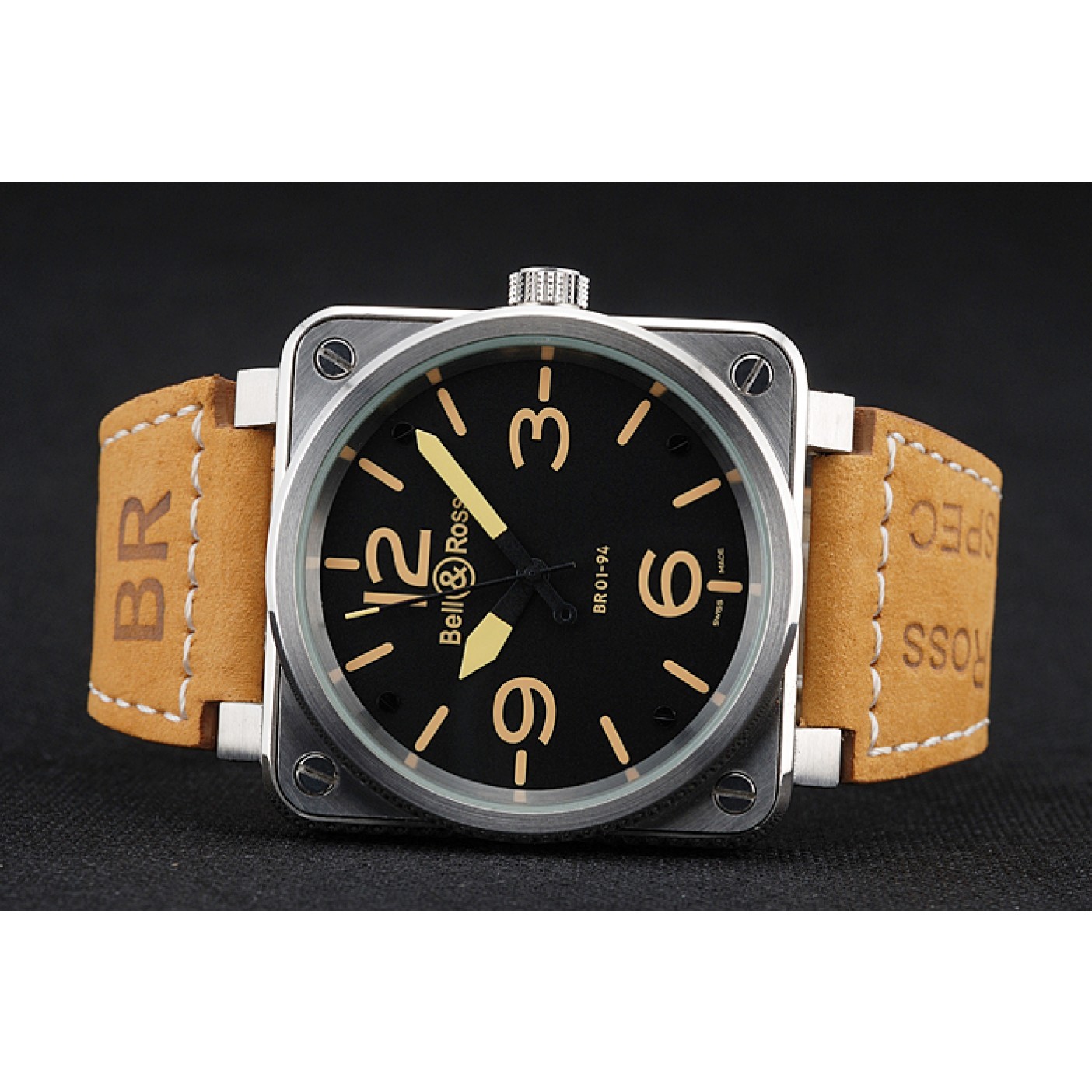 MiroTime Bell and Ross BR 01-92 Black Dial Silver Case Gold Numerals Brown Leather Strap