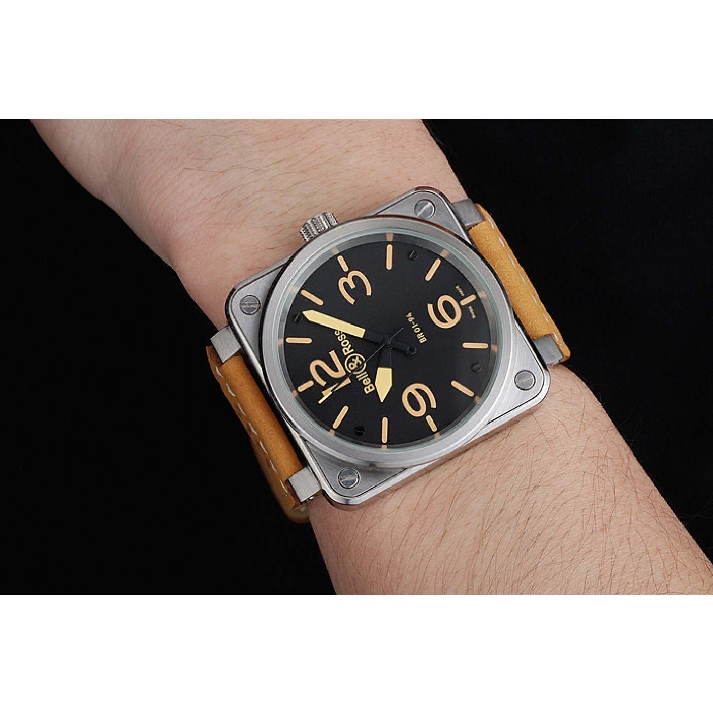MiroTime Bell and Ross BR 01-92 Black Dial Silver Case Gold Numerals Brown Leather Strap