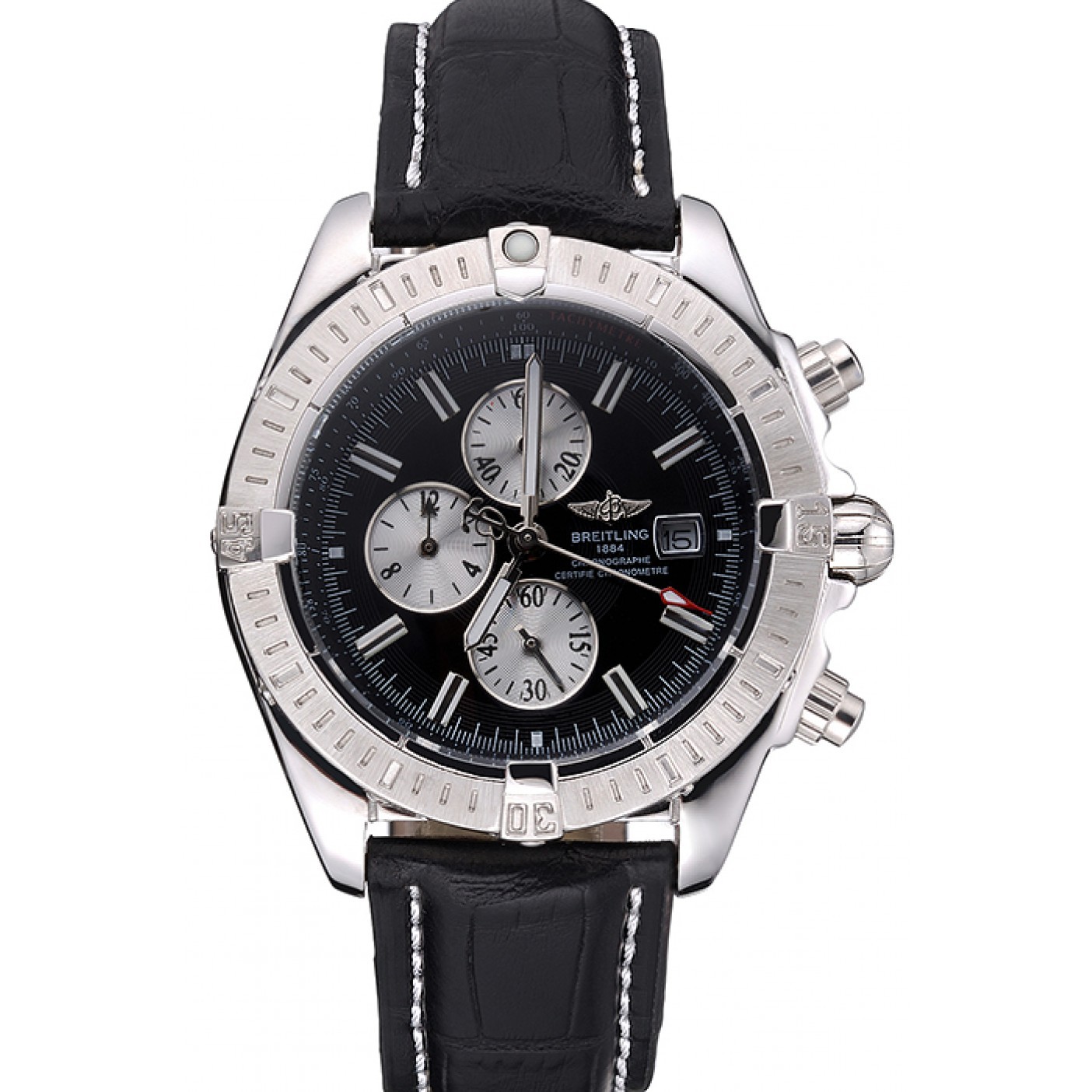 MiroTime Breitling Chronomat 13 Stainless Steel Case Black Dial Black Leather Bracelet 622237