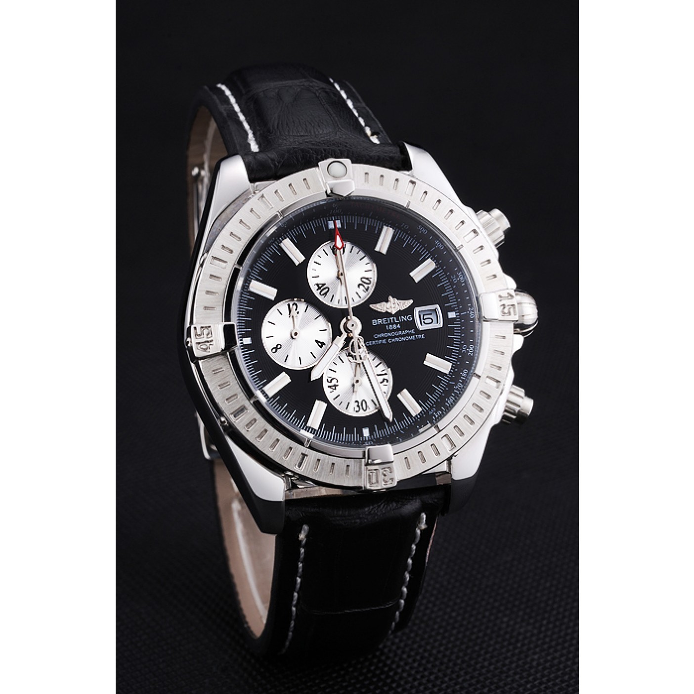 MiroTime Breitling Chronomat 13 Stainless Steel Case Black Dial Black Leather Bracelet 622237