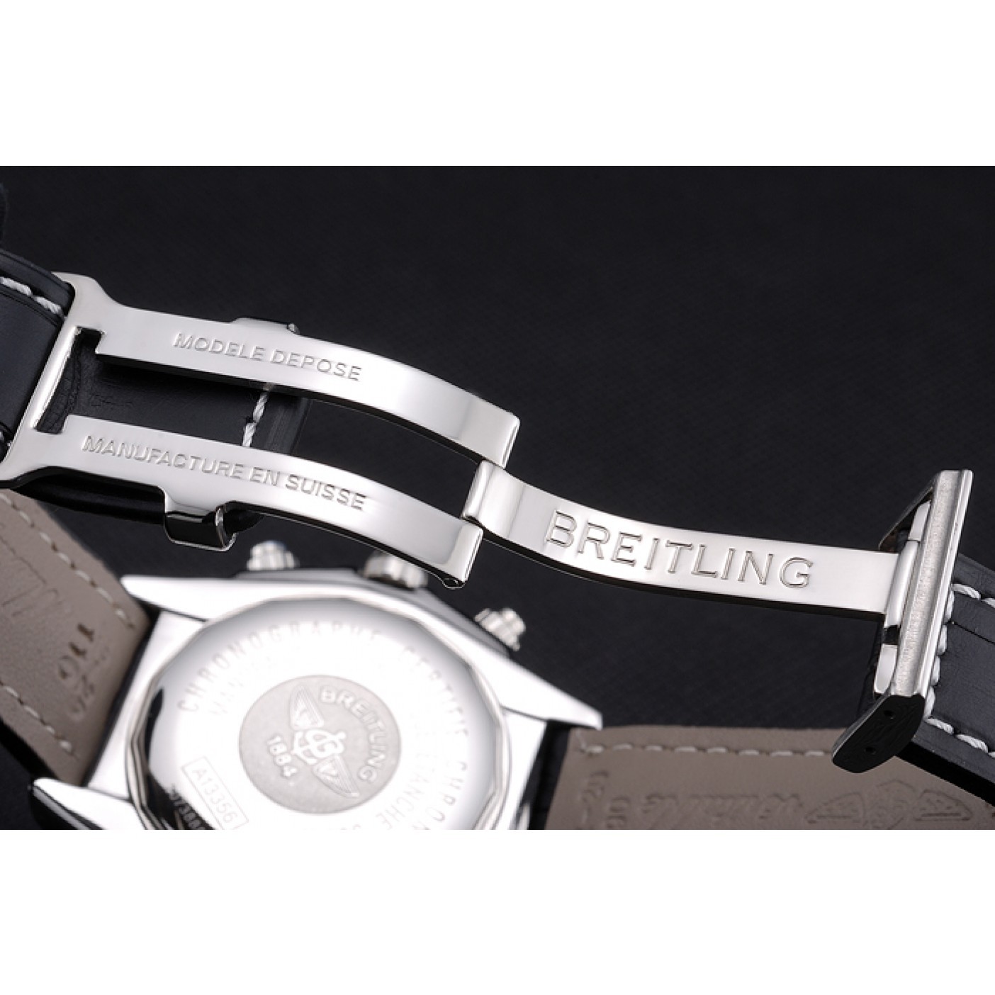 MiroTime Breitling Chronomat 13 Stainless Steel Case Black Dial Black Leather Bracelet 622237