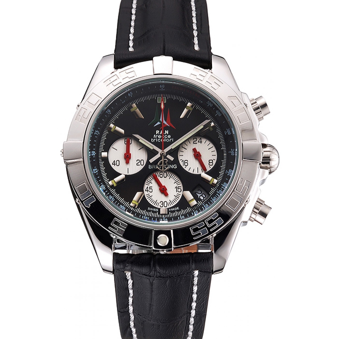 MiroTime Breitling Chronomat Frecce Tricolori Black Dial Stainless Steel Case Black Leather Strap