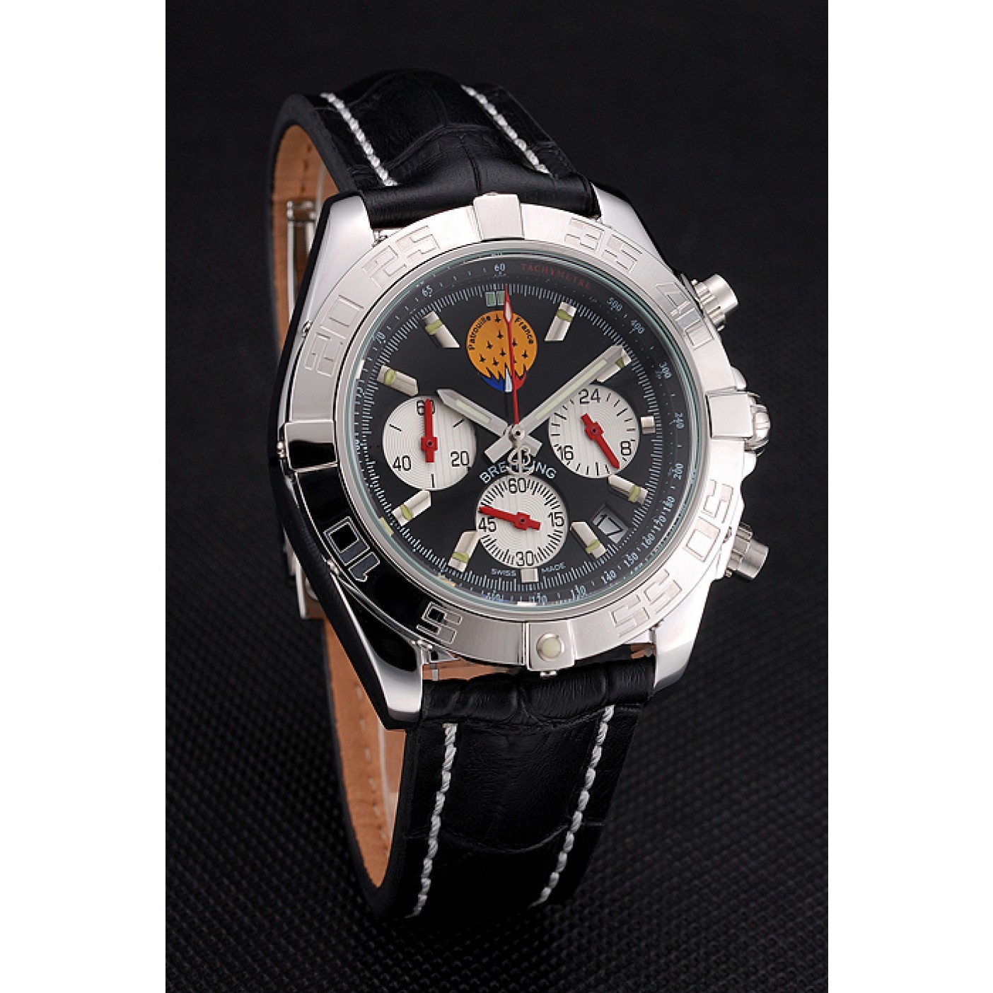 MiroTime Breitling Chronomat Frecce Tricolori Black Dial Stainless Steel Case Black Leather Strap