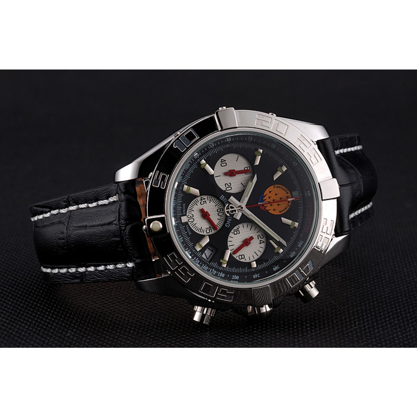 MiroTime Breitling Chronomat Frecce Tricolori Black Dial Stainless Steel Case Black Leather Strap