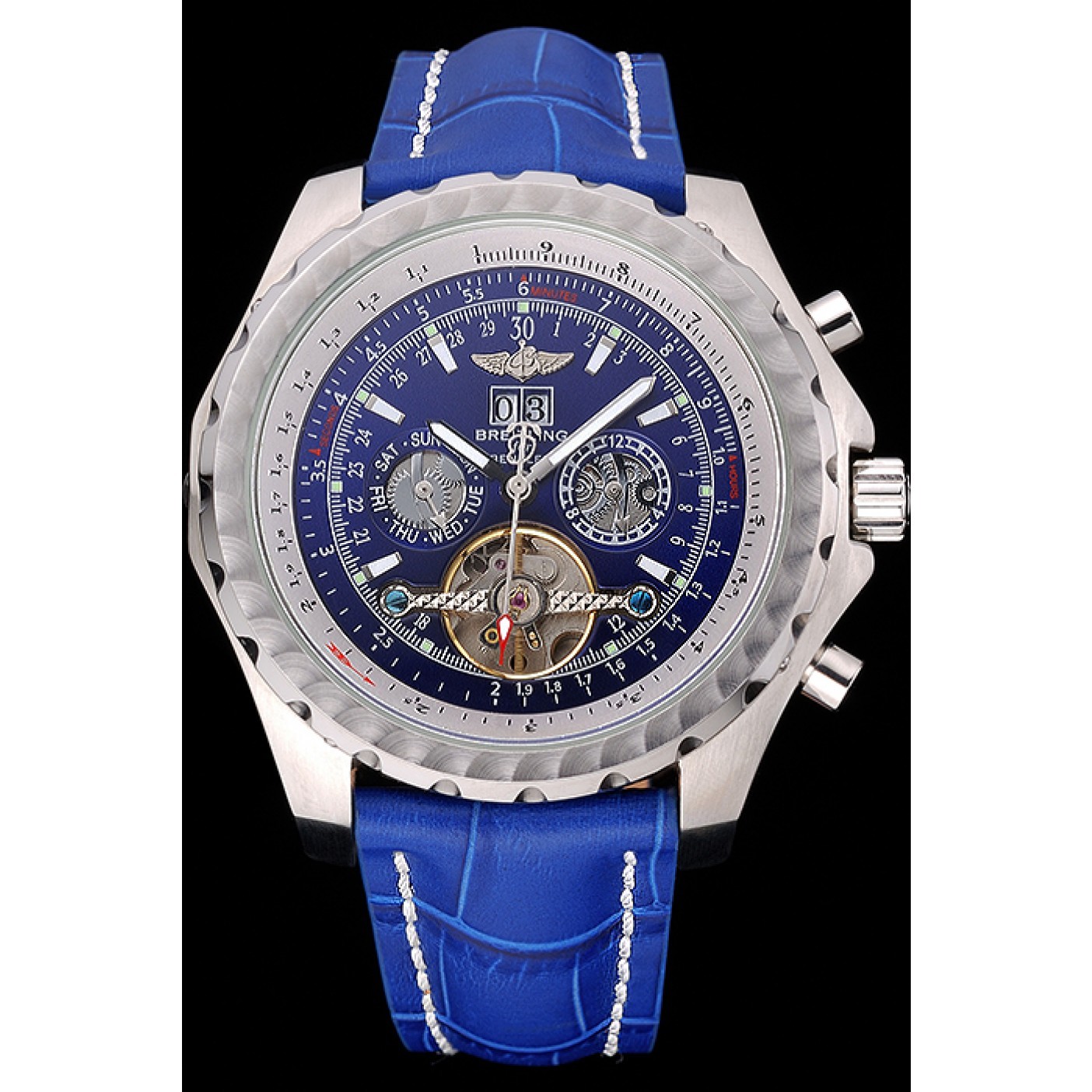 MiroTime Breitling Bentley Mulliner Tourbillon Blue Dial Stainless Steel Case Blue Leather Strap 622726