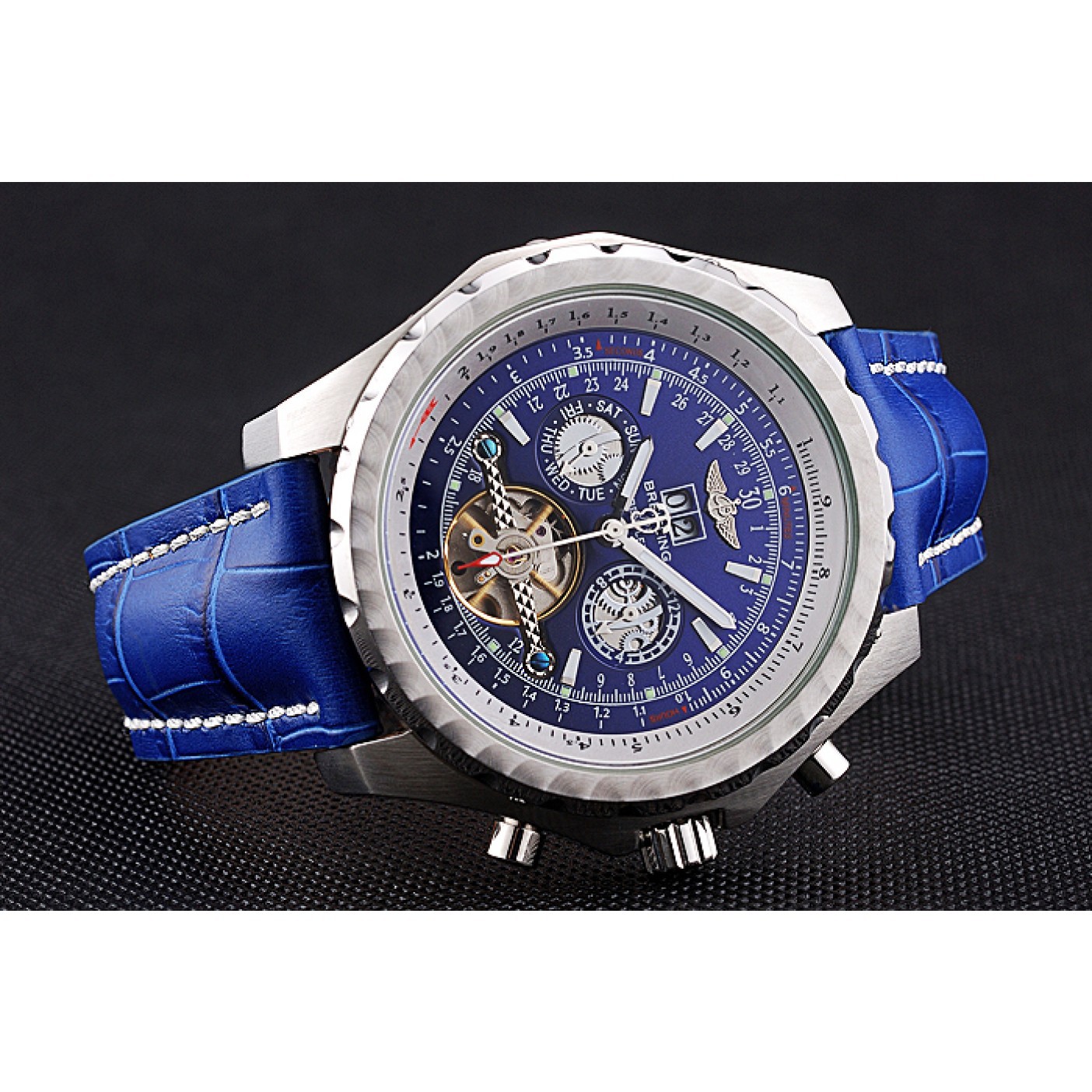 MiroTime Breitling Bentley Mulliner Tourbillon Blue Dial Stainless Steel Case Blue Leather Strap 622726