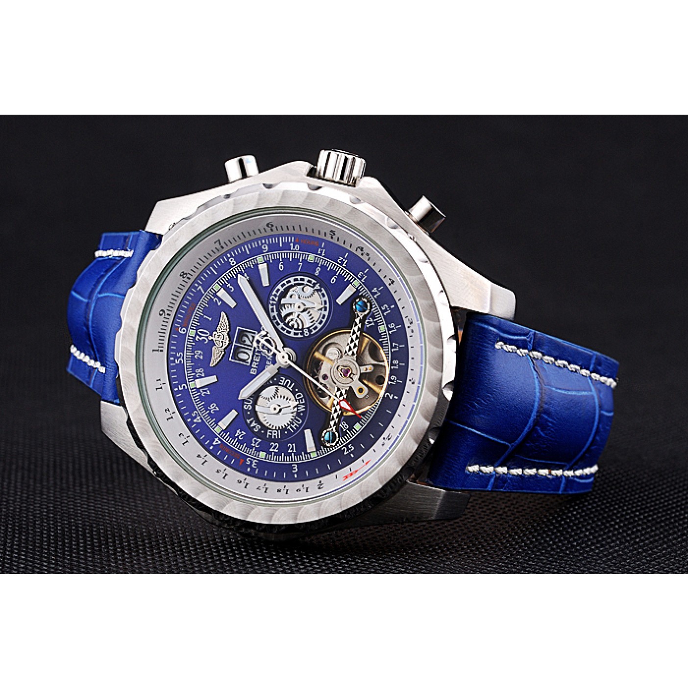 MiroTime Breitling Bentley Mulliner Tourbillon Blue Dial Stainless Steel Case Blue Leather Strap 622726