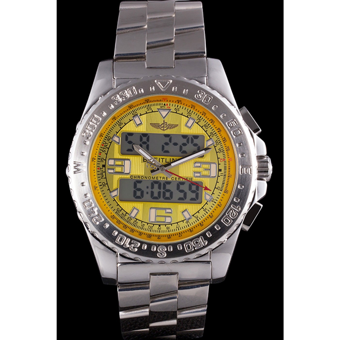MiroTime Breitling Certifie Yellow Dial Stainless Steel Strap Rose Gold Bezel
