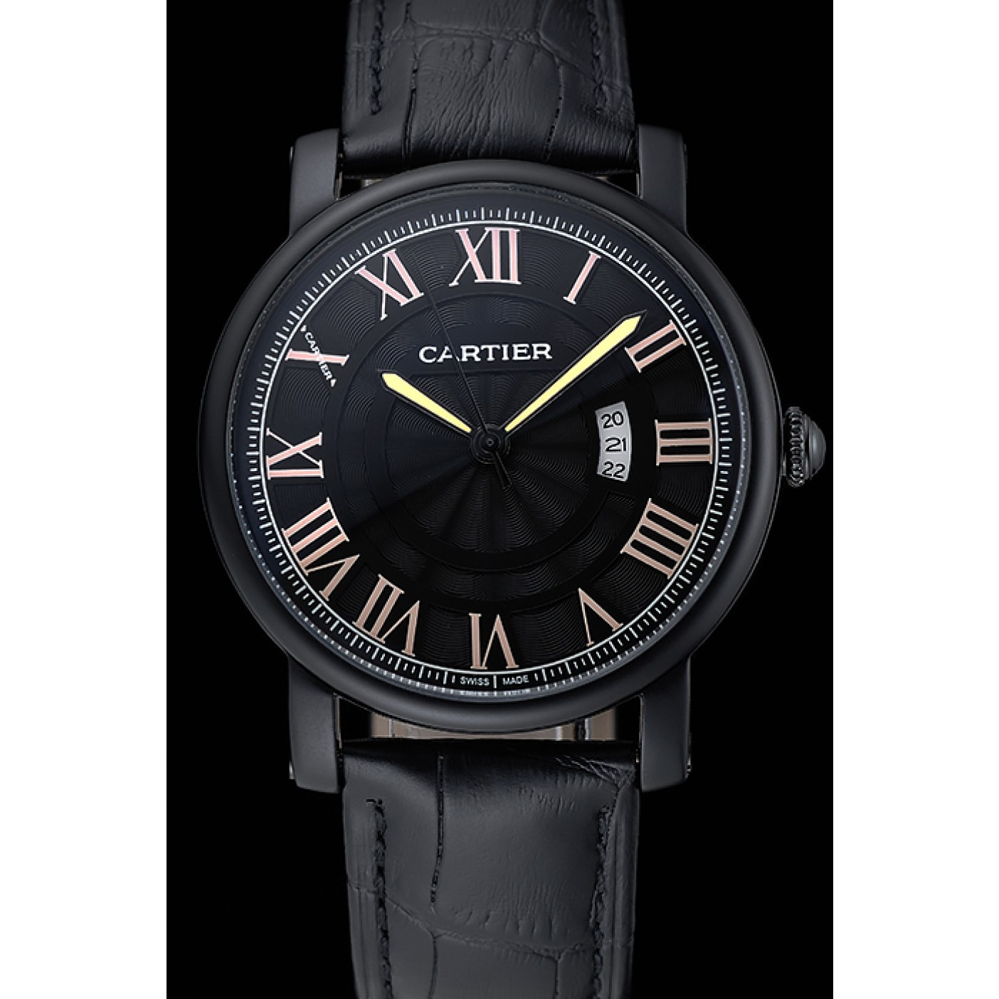 MiroTime Cartier Rotonde Black Dial Black Case Black Leather Bracelet 1454218