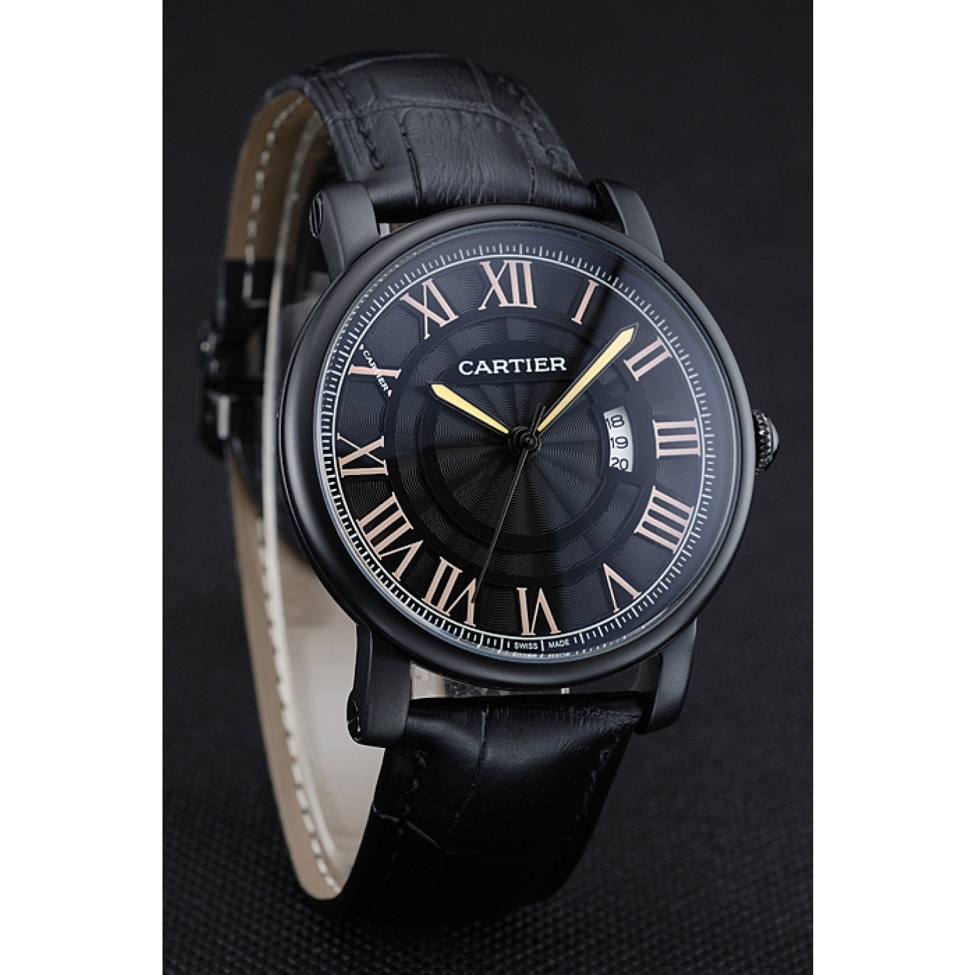 MiroTime Cartier Rotonde Black Dial Black Case Black Leather Bracelet 1454218