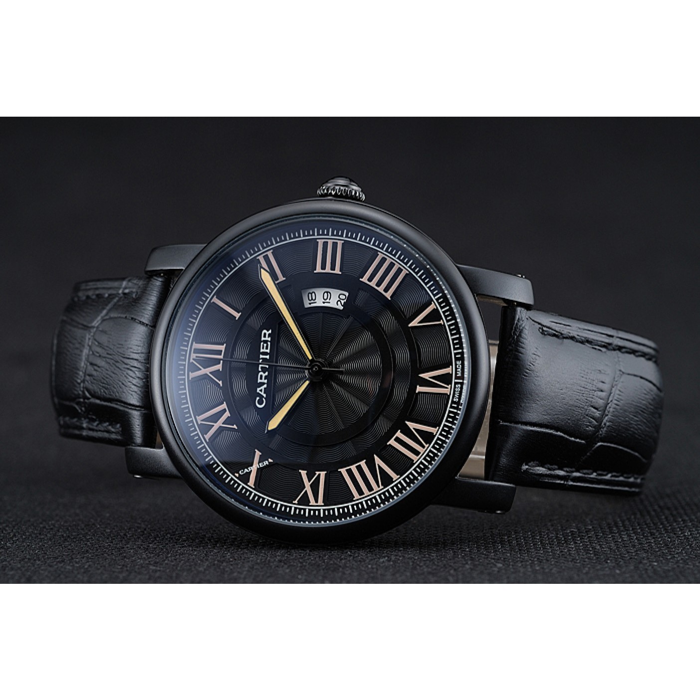 MiroTime Cartier Rotonde Black Dial Black Case Black Leather Bracelet 1454218