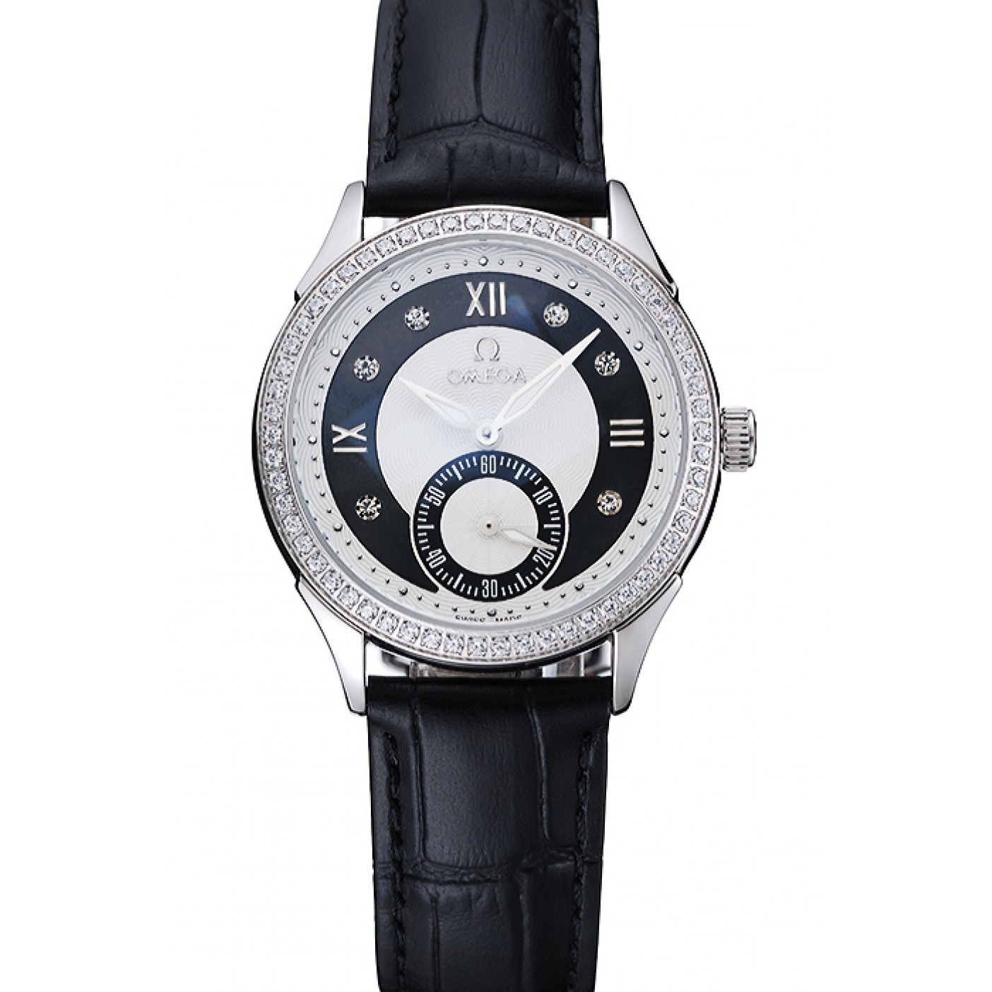 MiroTime Omega DeVille Prestige Black Dial Silver Diamond Case Black Leather Bracelet 1454120