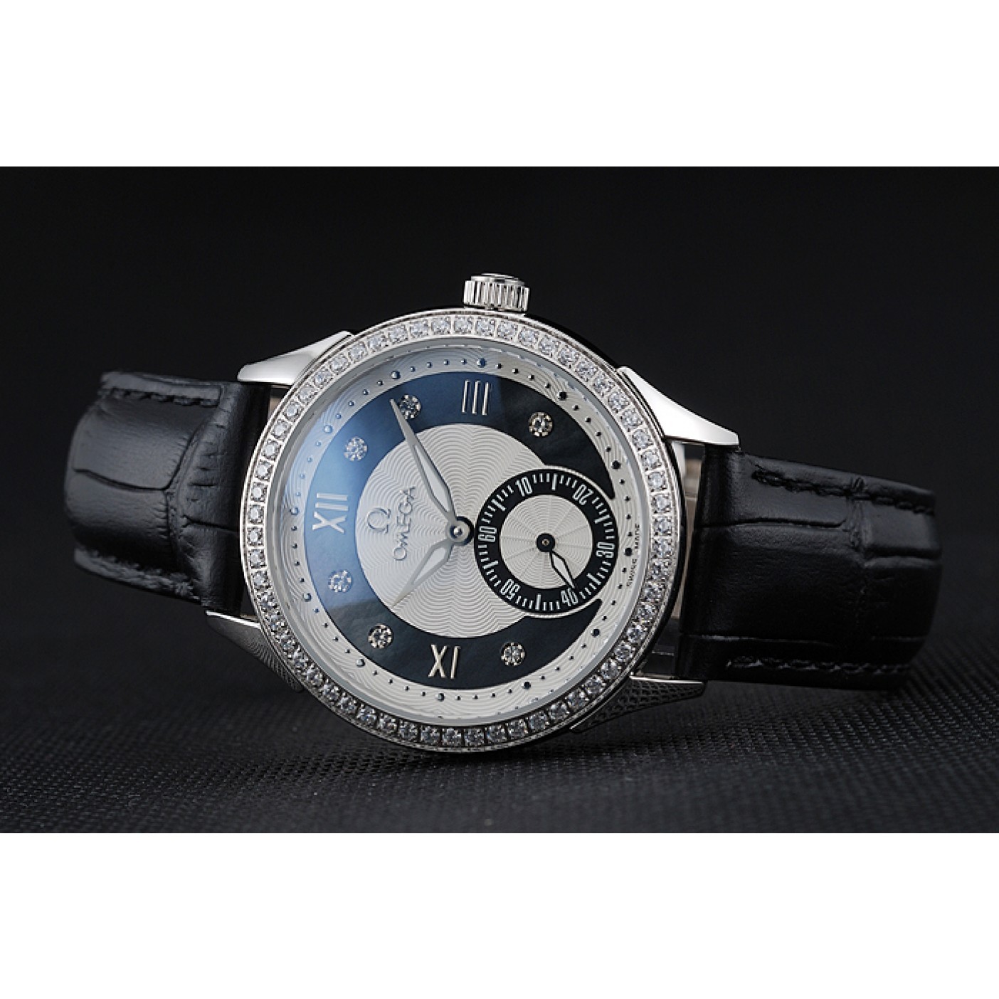 MiroTime Omega DeVille Prestige Black Dial Silver Diamond Case Black Leather Bracelet 1454120
