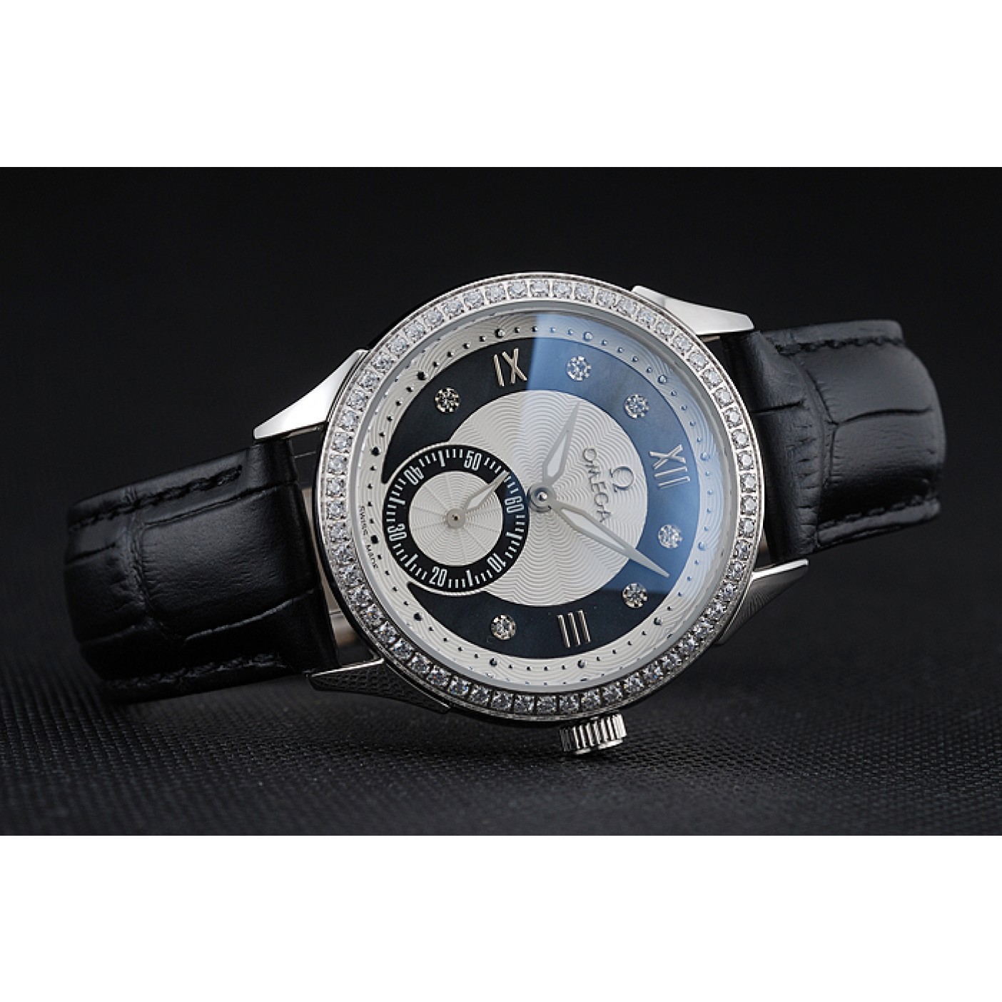 MiroTime Omega DeVille Prestige Black Dial Silver Diamond Case Black Leather Bracelet 1454120