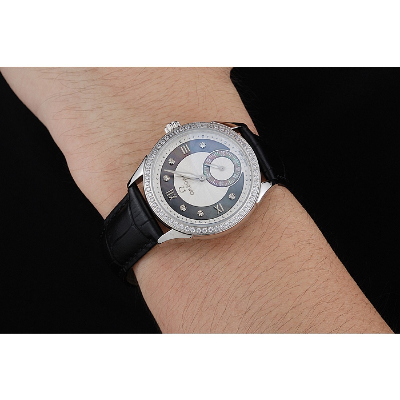 MiroTime Omega DeVille Prestige Black Dial Silver Diamond Case Black Leather Bracelet 1454120