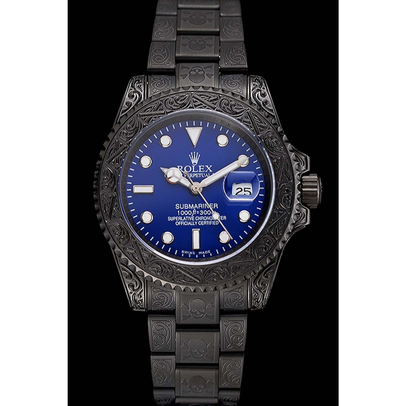 MiroTime Swiss Rolex Submariner Skull Limited Edition Blue Dial All Black Case And Bracelet 1454084