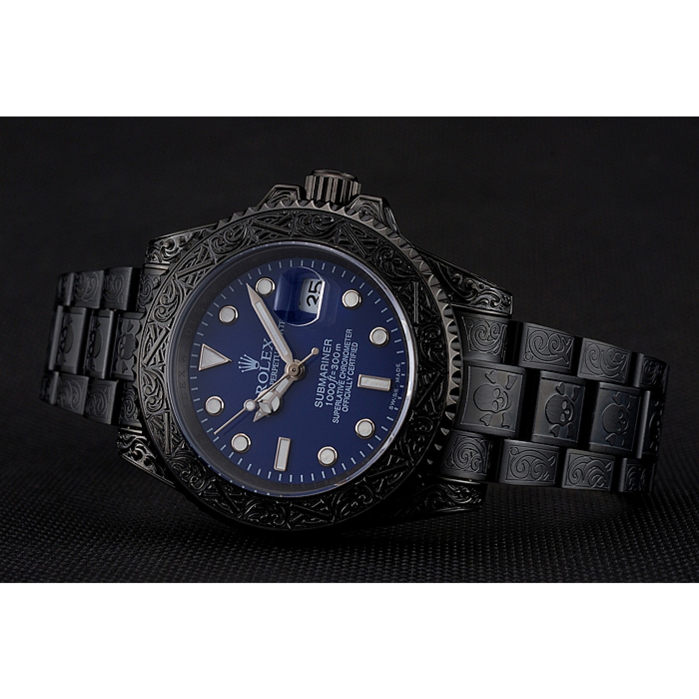 MiroTime Swiss Rolex Submariner Skull Limited Edition Blue Dial All Black Case And Bracelet 1454084