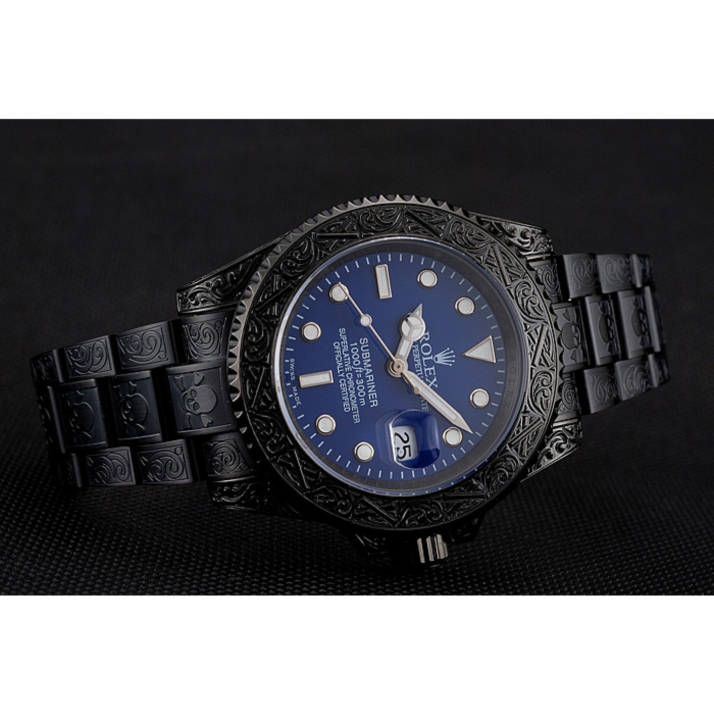 MiroTime Swiss Rolex Submariner Skull Limited Edition Blue Dial All Black Case And Bracelet 1454084