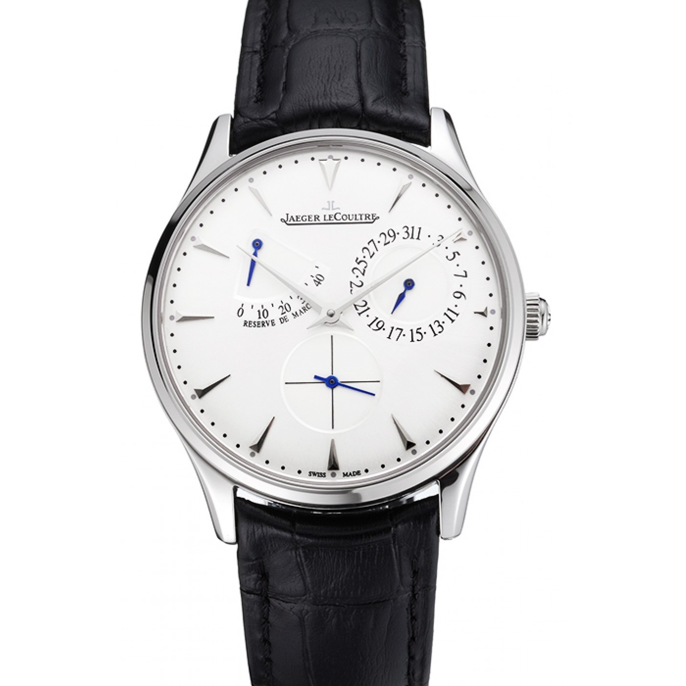 MiroTime Swiss Jaeger LeCoultre Master Ultra Thin Reserve De Marche White Dial Stainless Steel Case Black Leather Strap