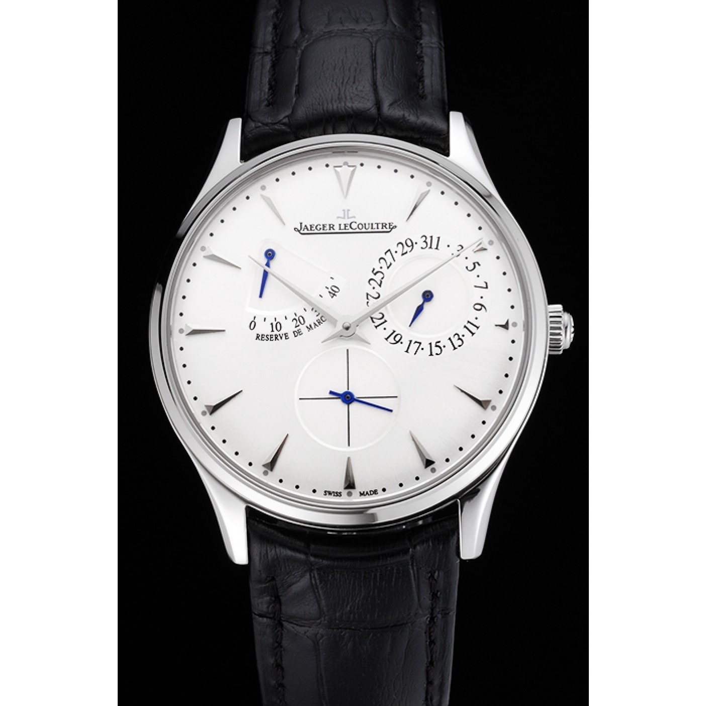 MiroTime Swiss Jaeger LeCoultre Master Ultra Thin Reserve De Marche White Dial Stainless Steel Case Black Leather Strap