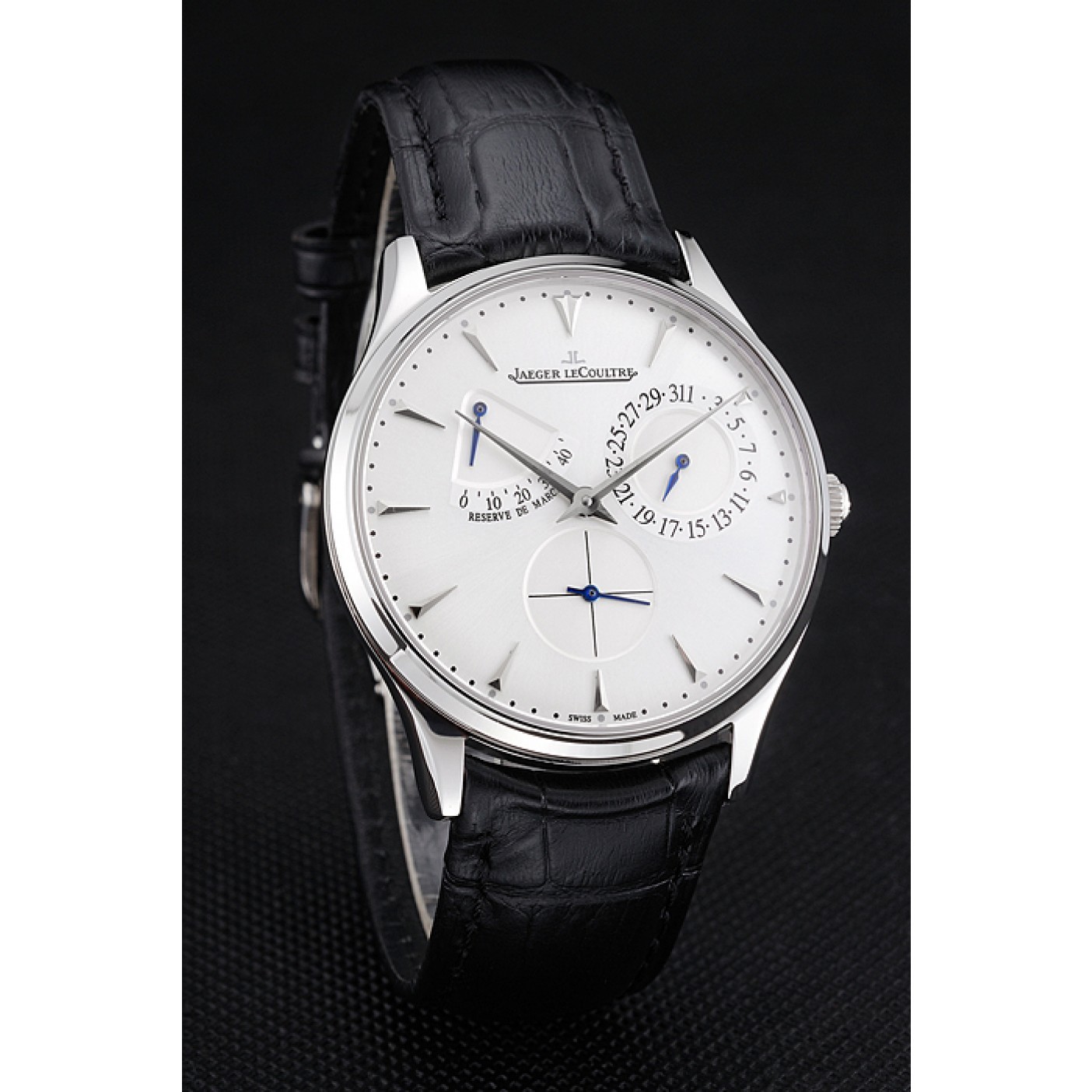 MiroTime Swiss Jaeger LeCoultre Master Ultra Thin Reserve De Marche White Dial Stainless Steel Case Black Leather Strap