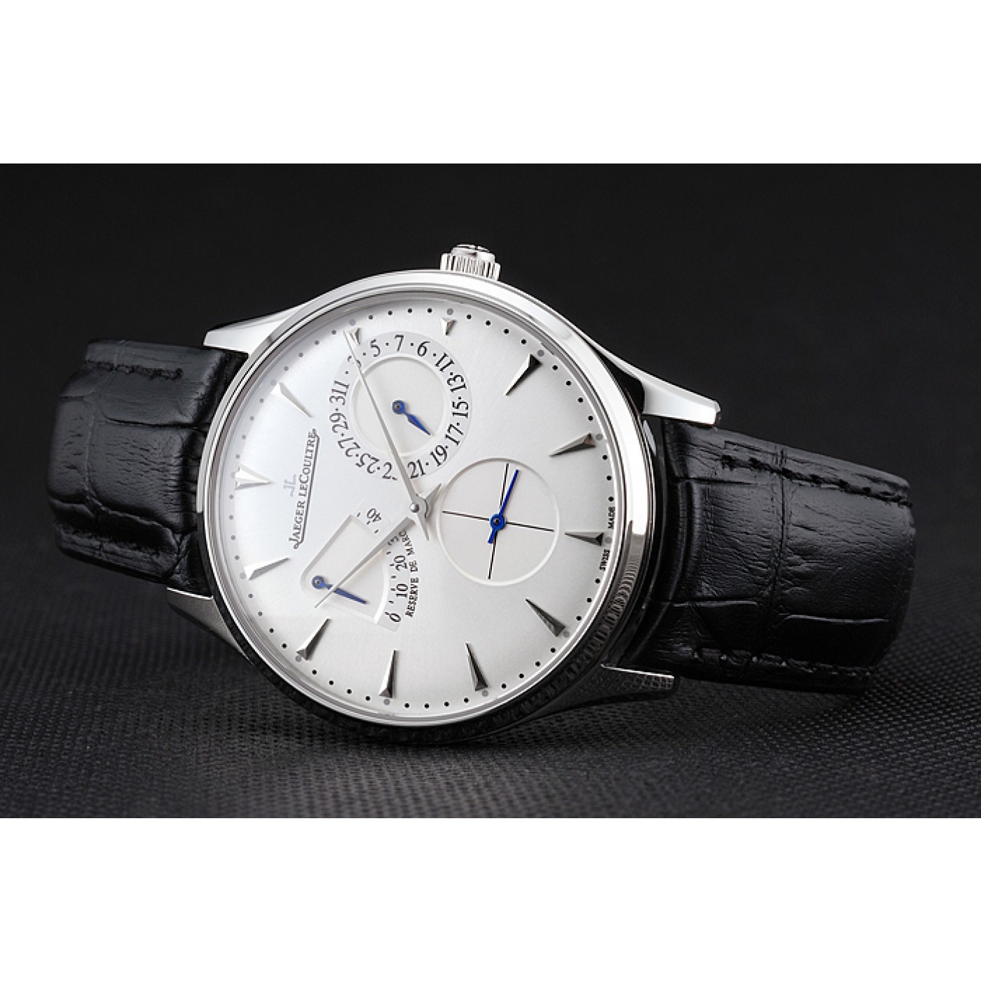 MiroTime Swiss Jaeger LeCoultre Master Ultra Thin Reserve De Marche White Dial Stainless Steel Case Black Leather Strap