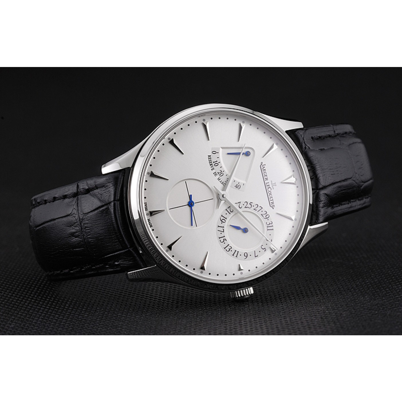 MiroTime Swiss Jaeger LeCoultre Master Ultra Thin Reserve De Marche White Dial Stainless Steel Case Black Leather Strap