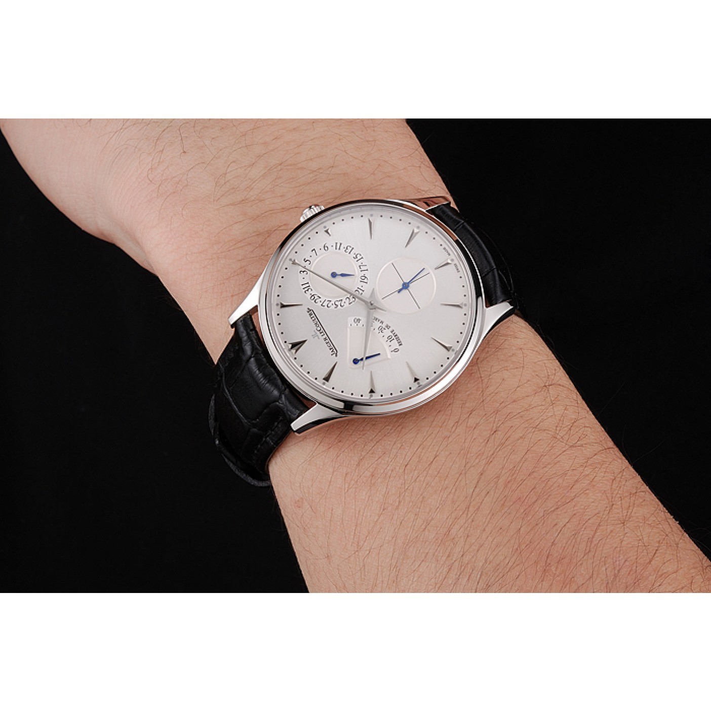 MiroTime Swiss Jaeger LeCoultre Master Ultra Thin Reserve De Marche White Dial Stainless Steel Case Black Leather Strap